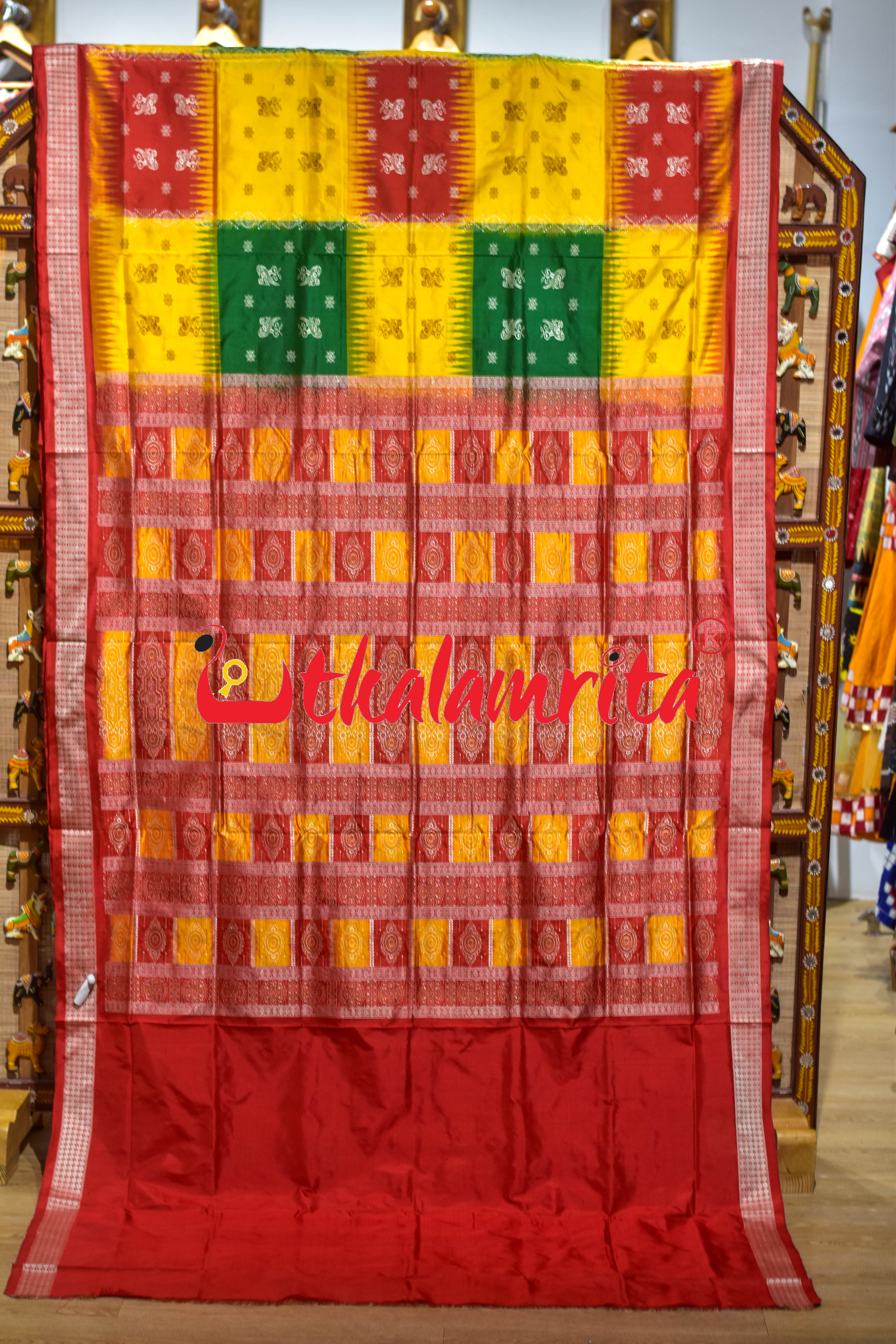 Yellow Red Green 5 Kothi Parrots Bandha Bomkai Silk Saree