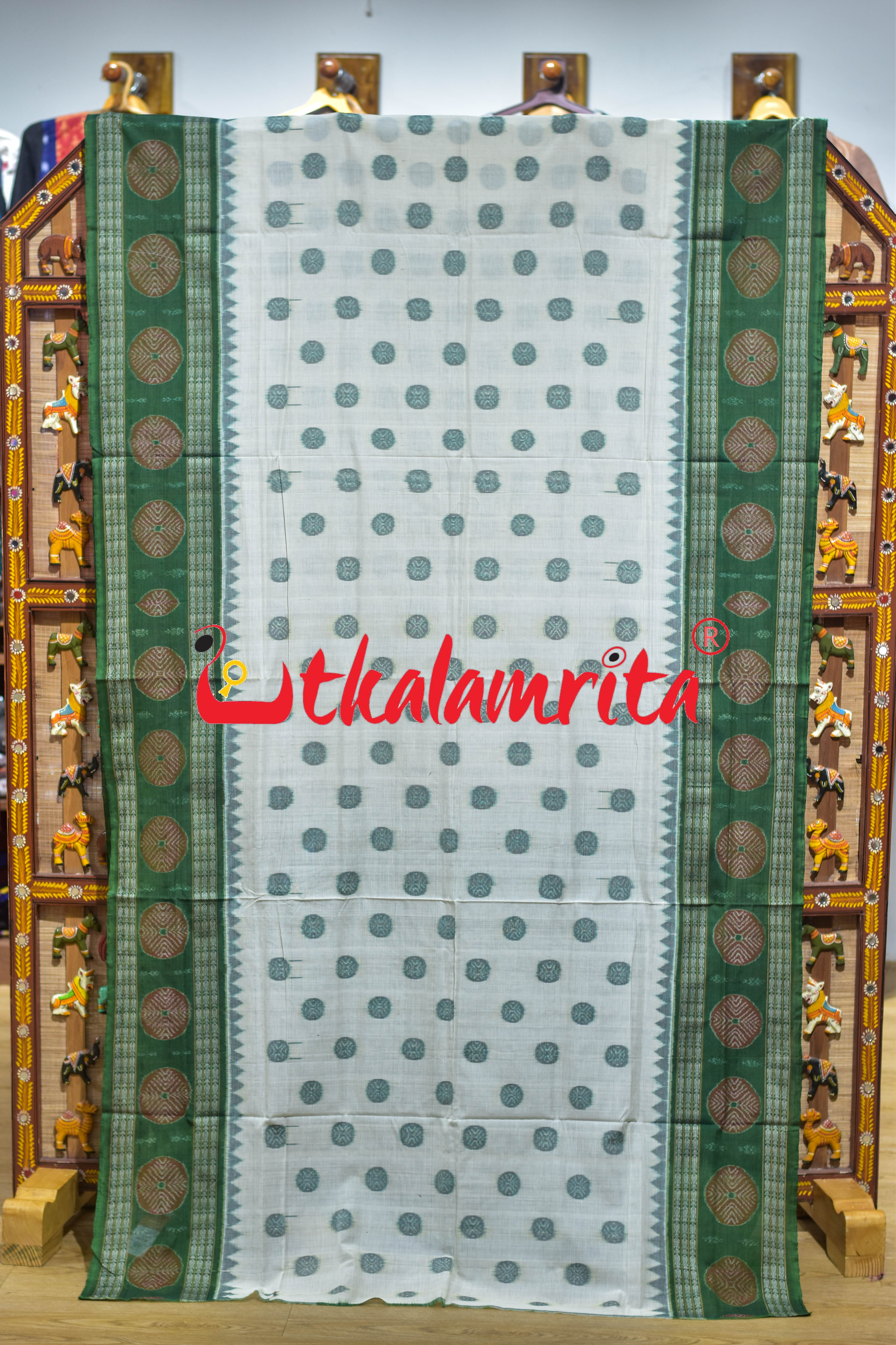 White Green Dhadi Chakra Sambalpuri Cotton Saree