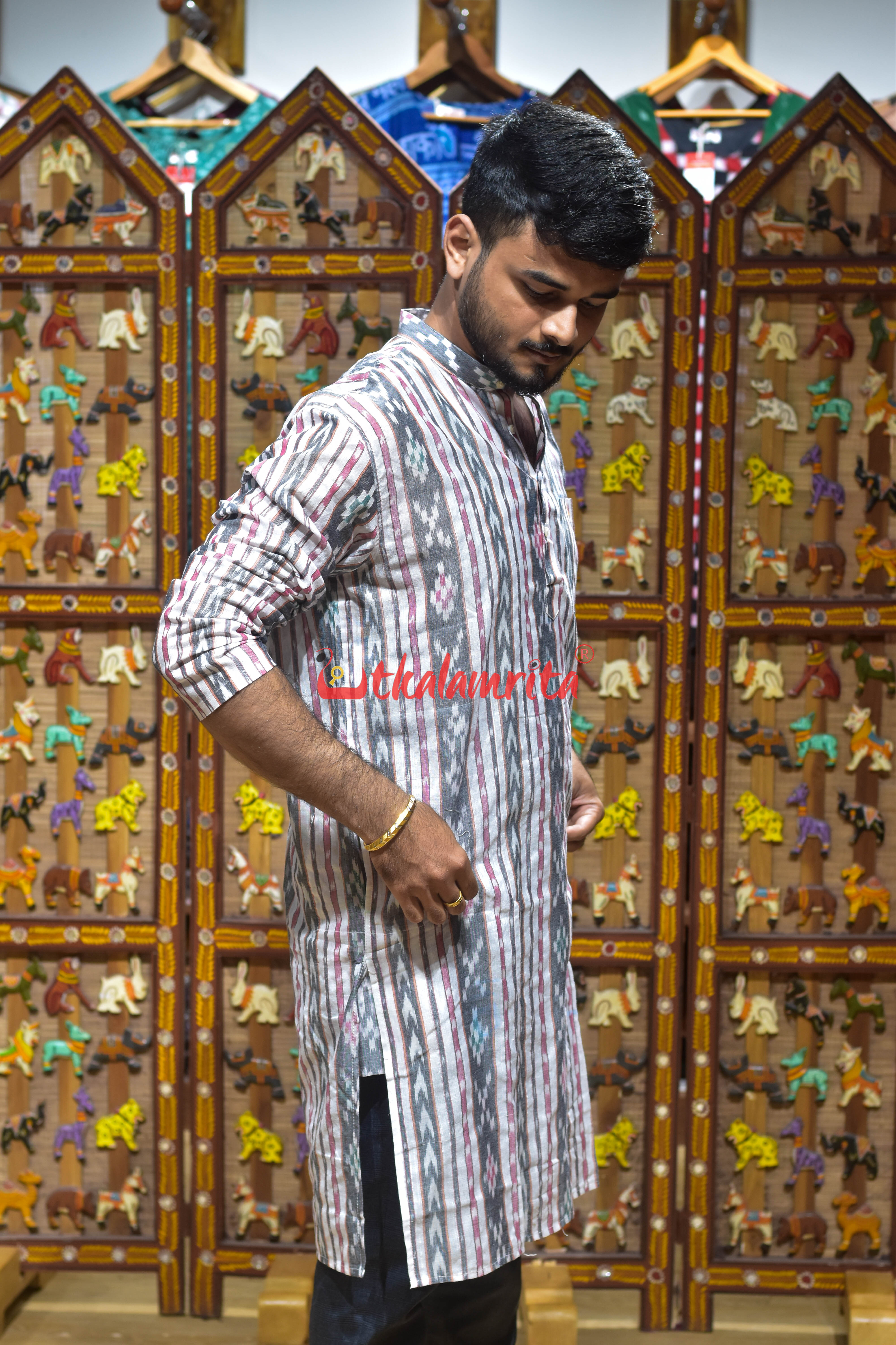 Grey Arrow Pasapali Lines (Men's Long Kurta)