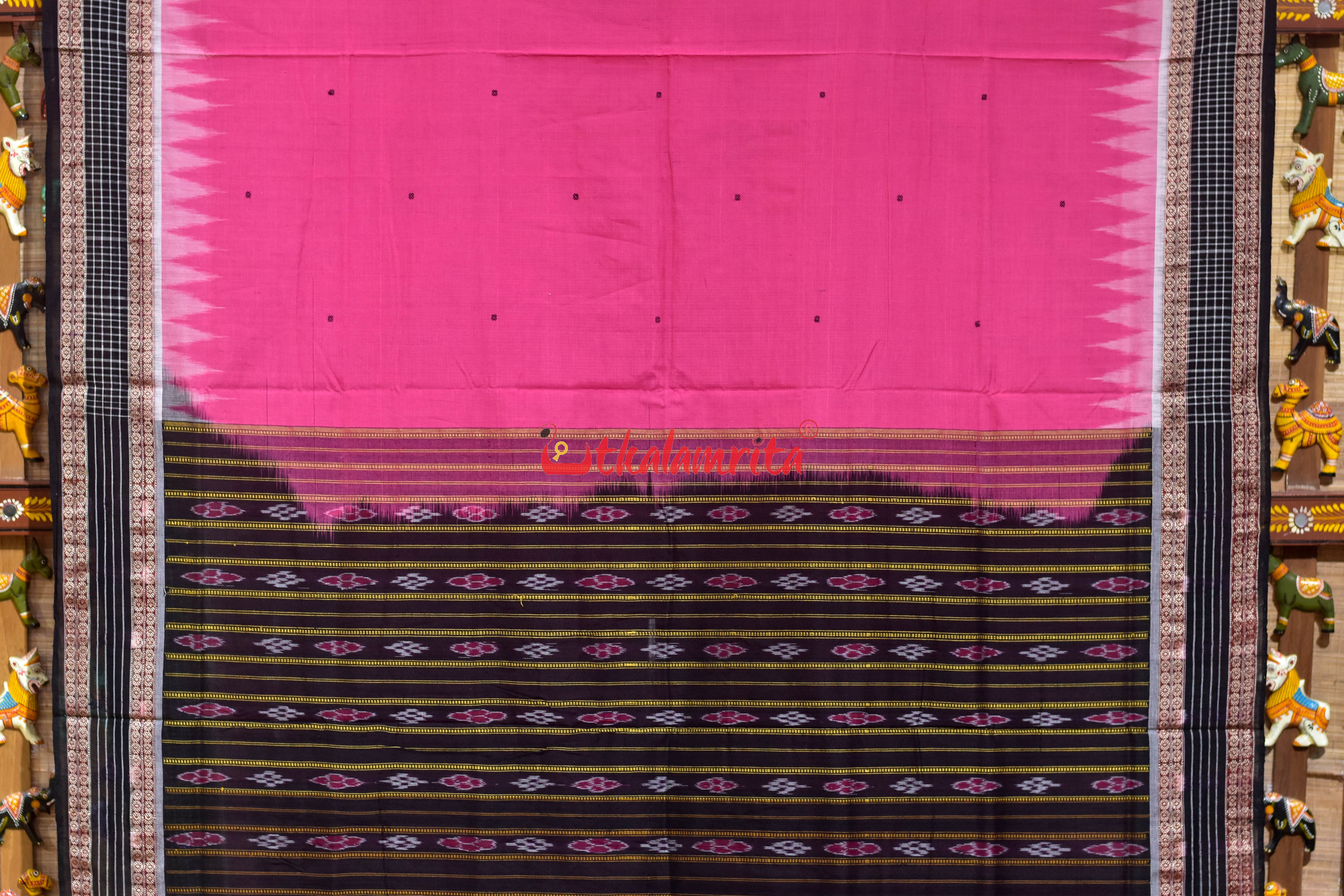 Pink with Checks Border Sambalpuri Cotton Saree
