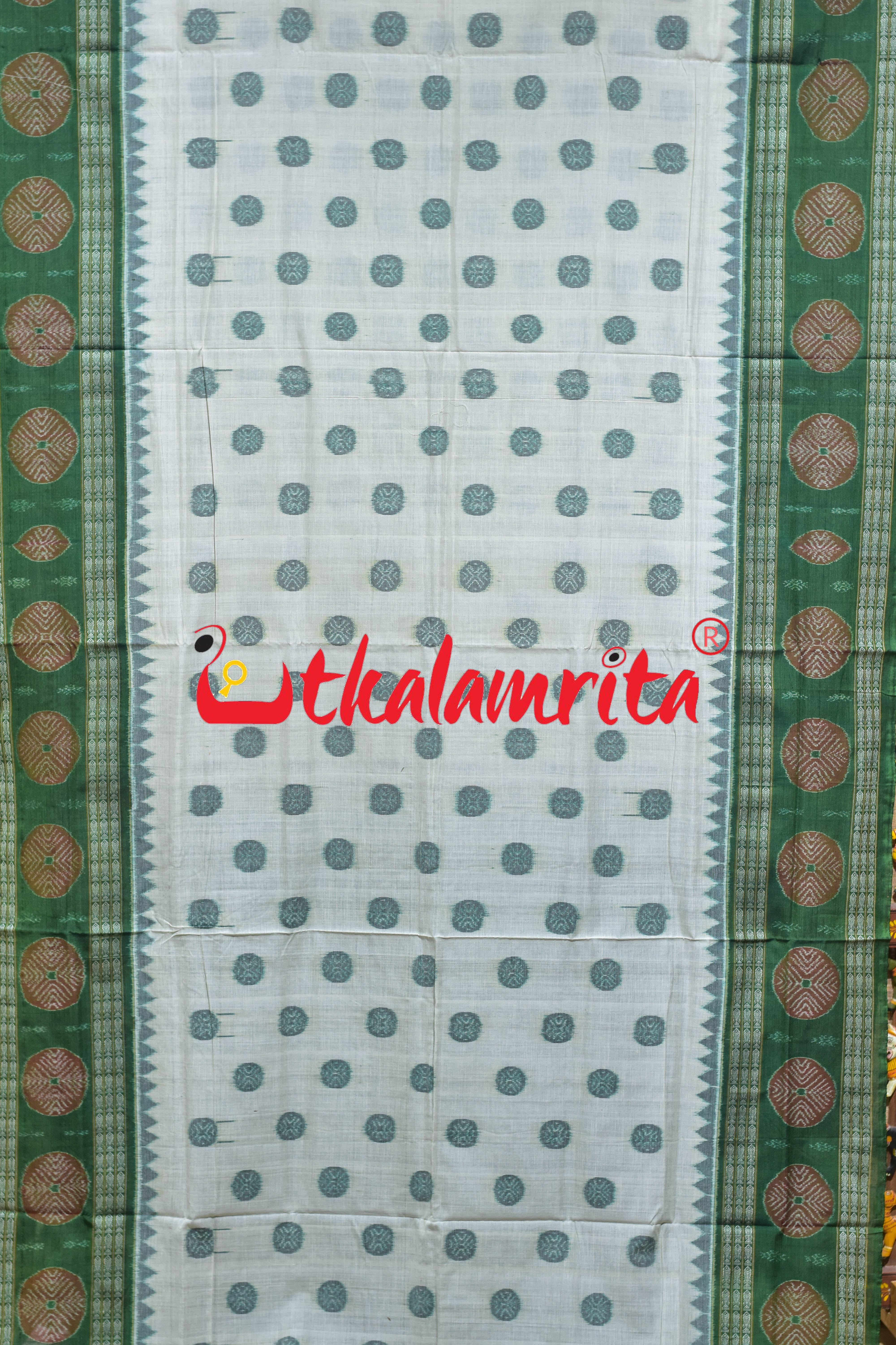 White Green Dhadi Chakra Sambalpuri Cotton Saree