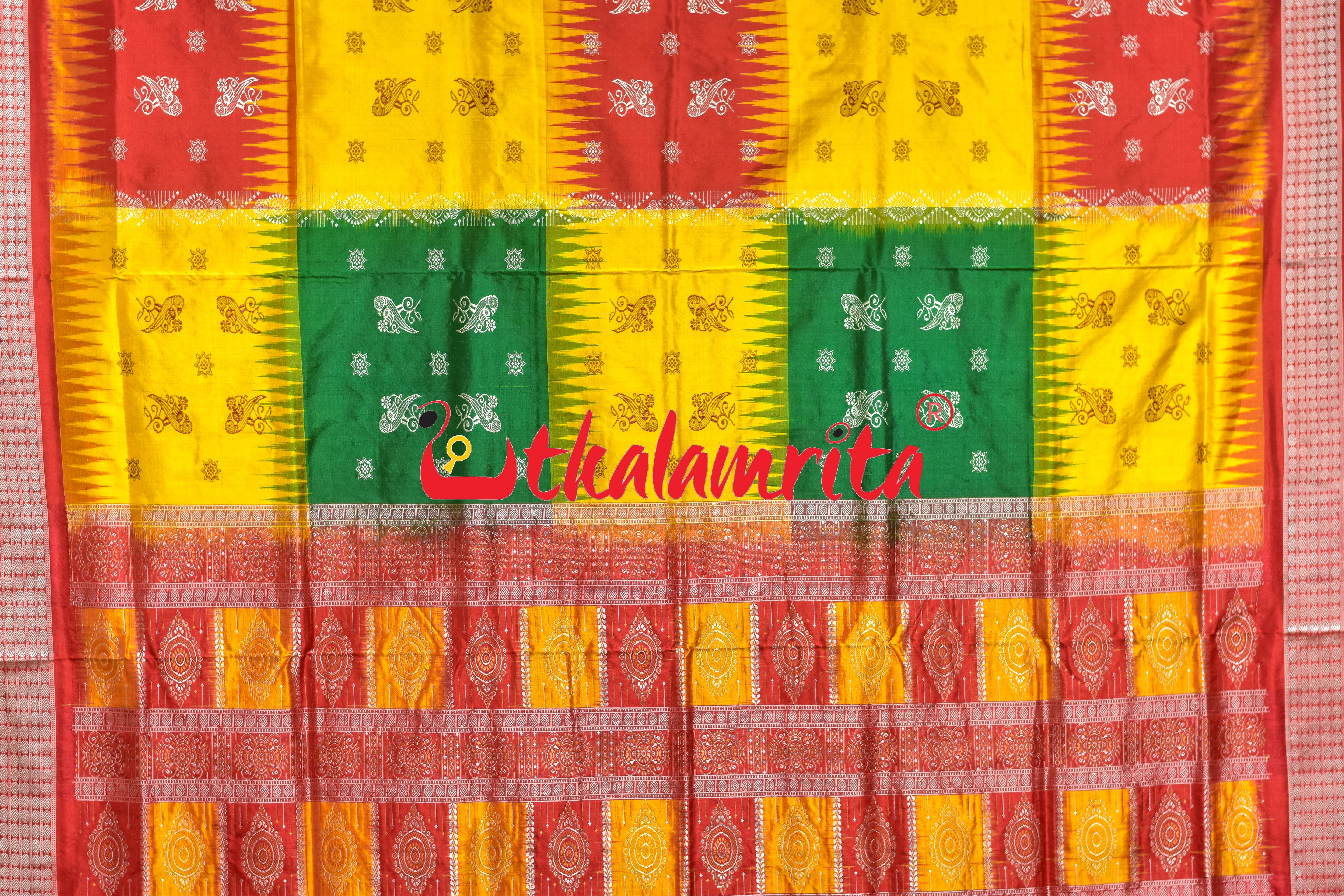 Yellow Red Green 5 Kothi Parrots Bandha Bomkai Silk Saree