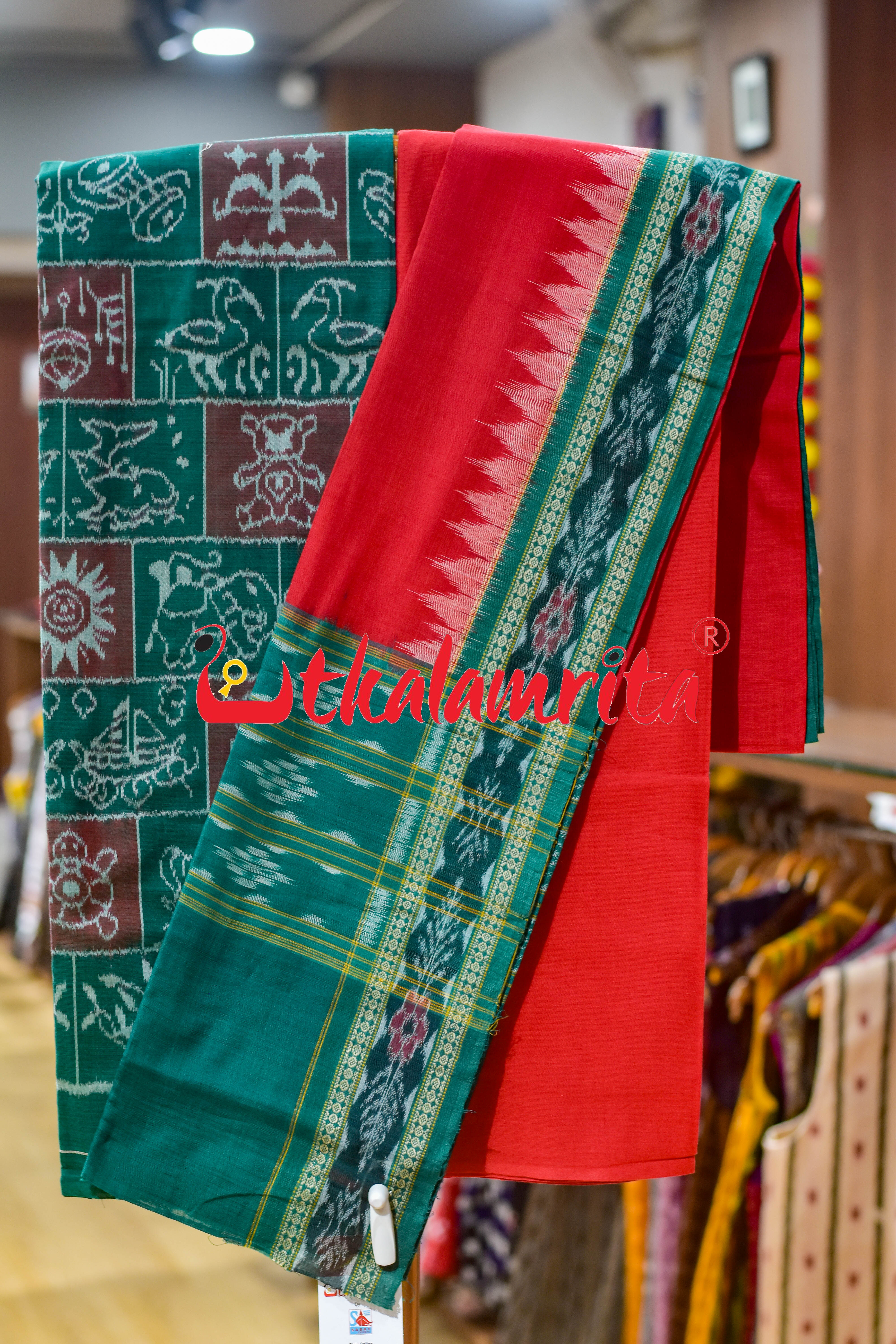 Green Red Traditional Design Sambalpuri Cotton Dress Set