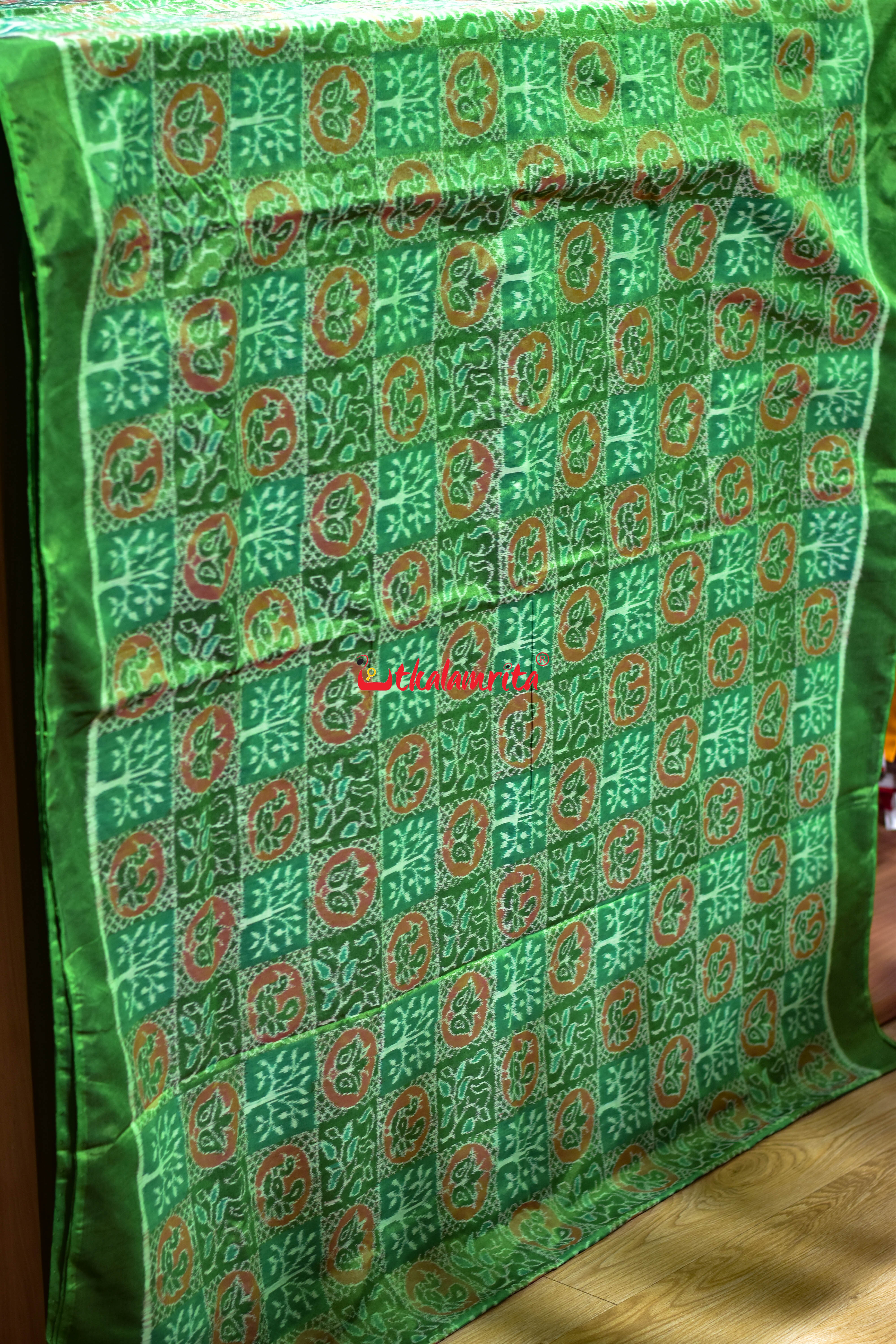 Bright Green Tree Peacock Sambalpuri Cotton (Fabric)