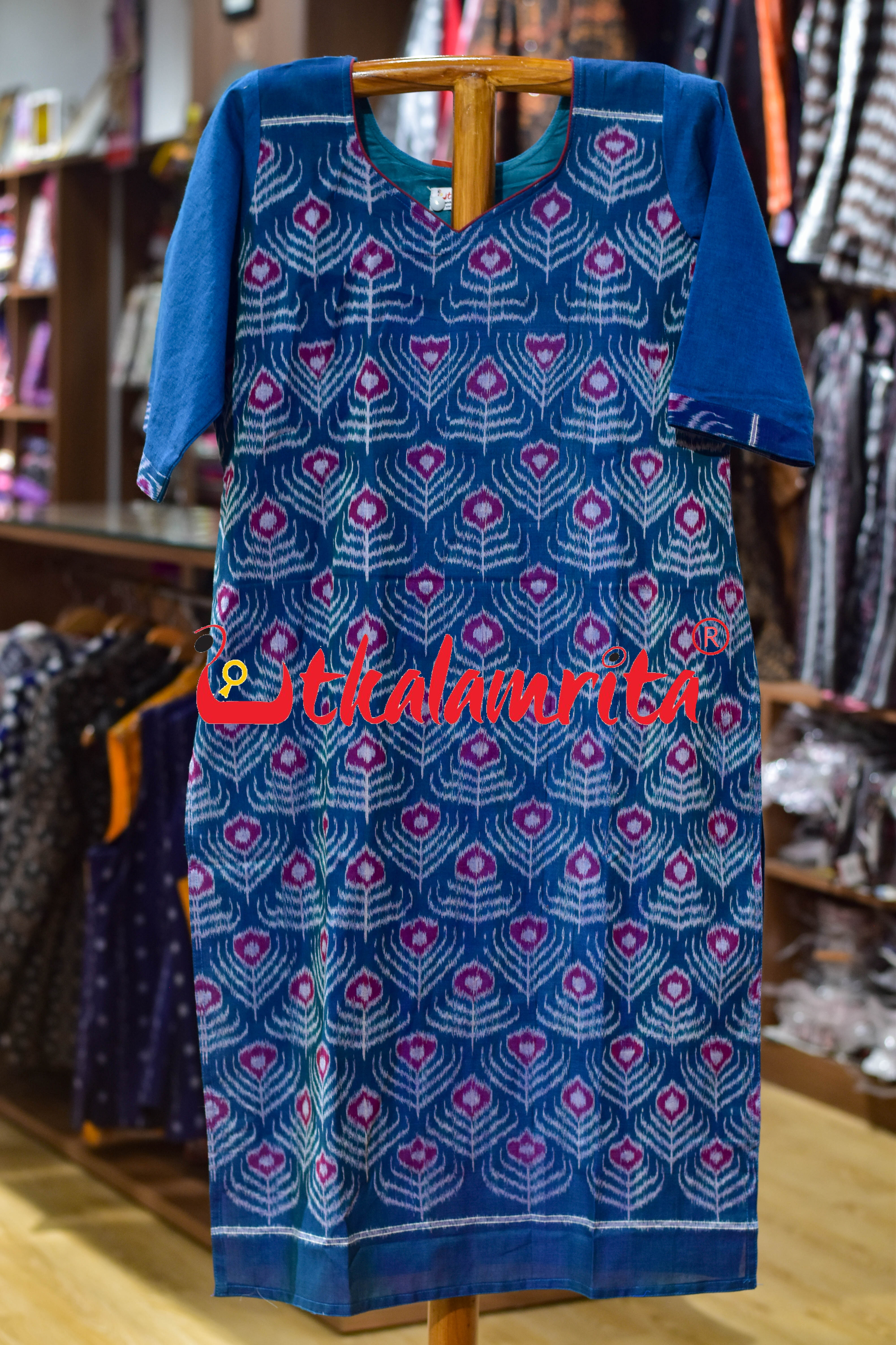 Teal Peacock Feathers Sambalpuri (Ladies Kurti)
