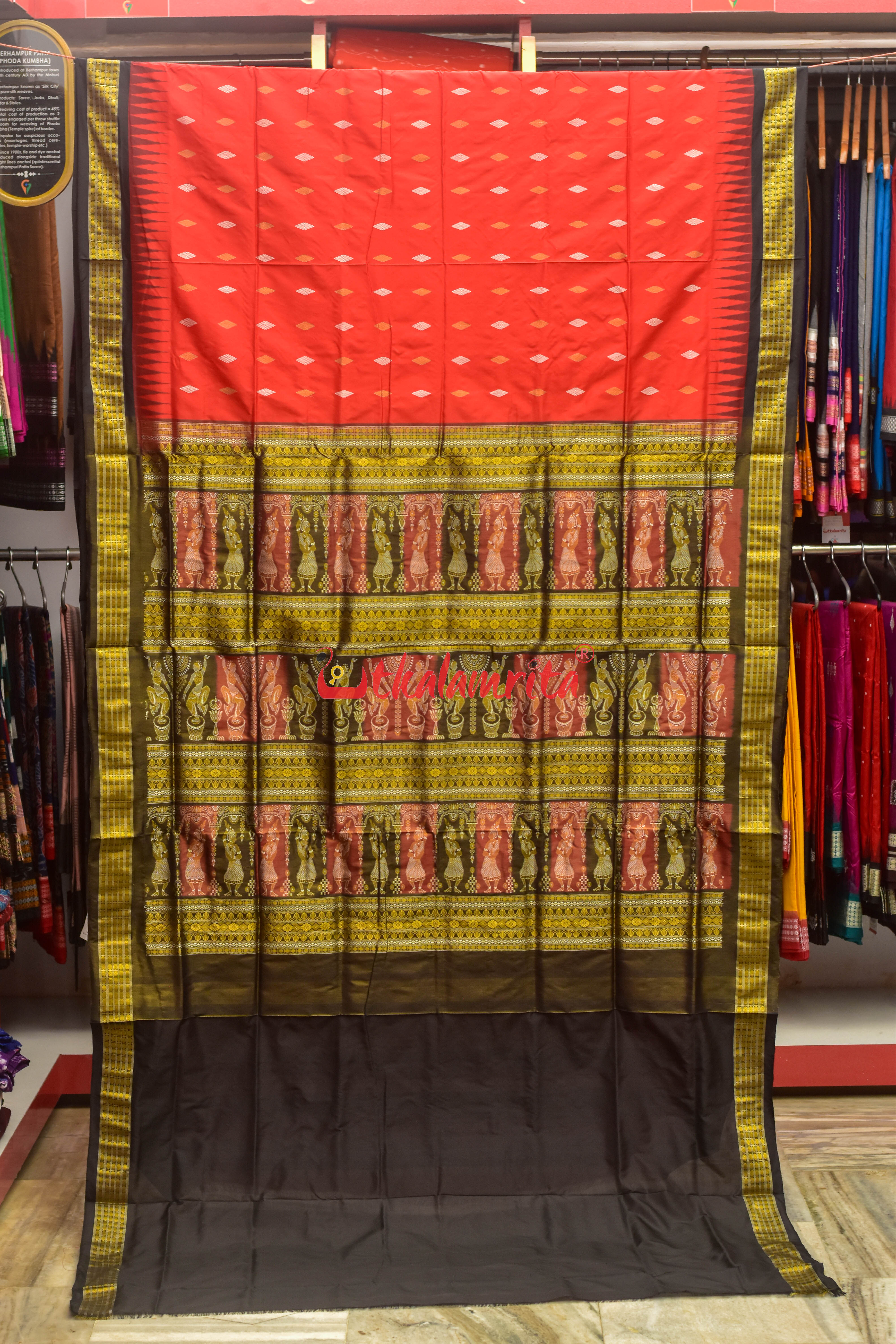 Red Black Half Tissue Bomkai Silk Saree
