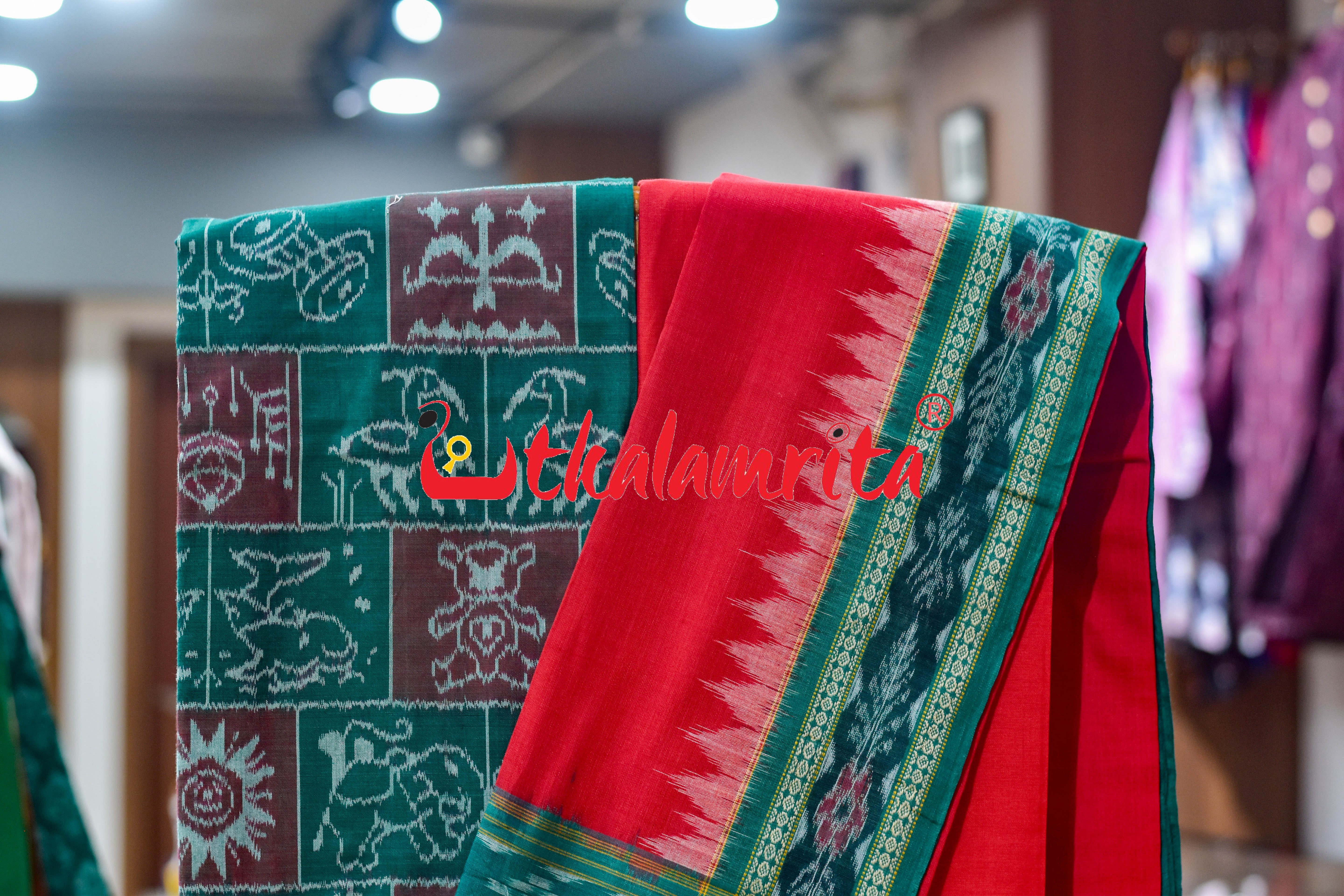 Green Red Traditional Design Sambalpuri Cotton Dress Set