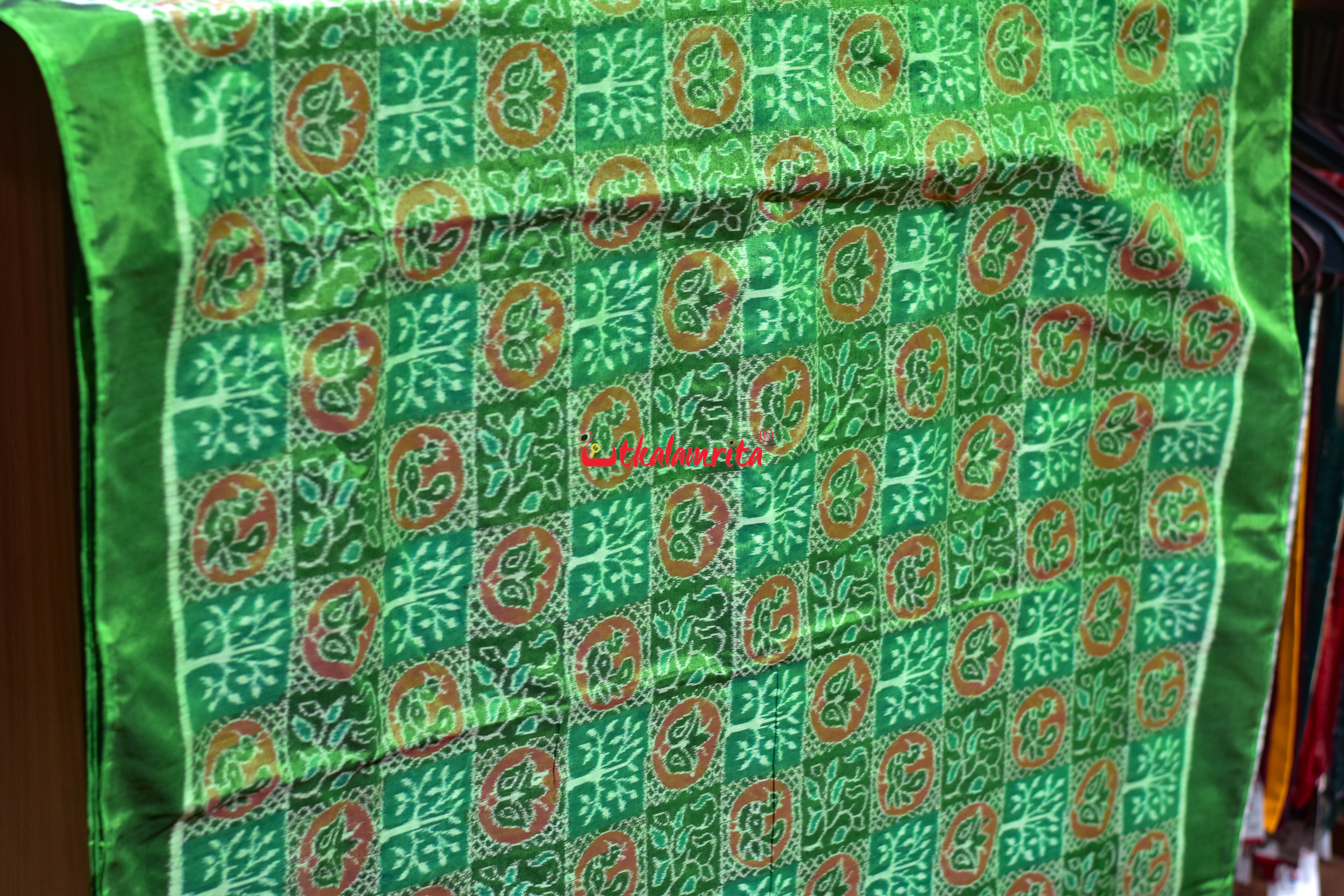 Bright Green Tree Peacock Sambalpuri Cotton (Fabric)