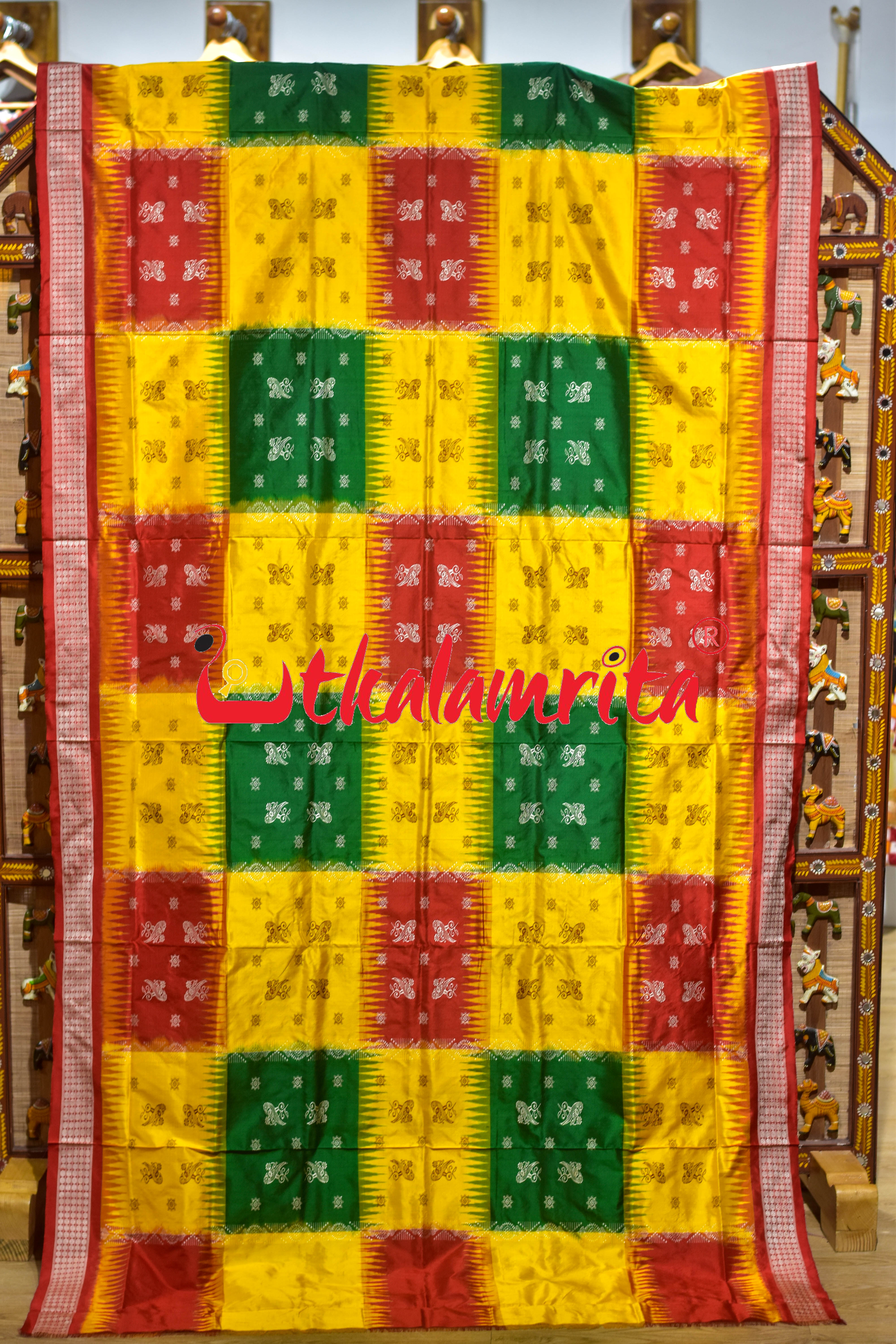 Yellow Red Green 5 Kothi Parrots Bandha Bomkai Silk Saree