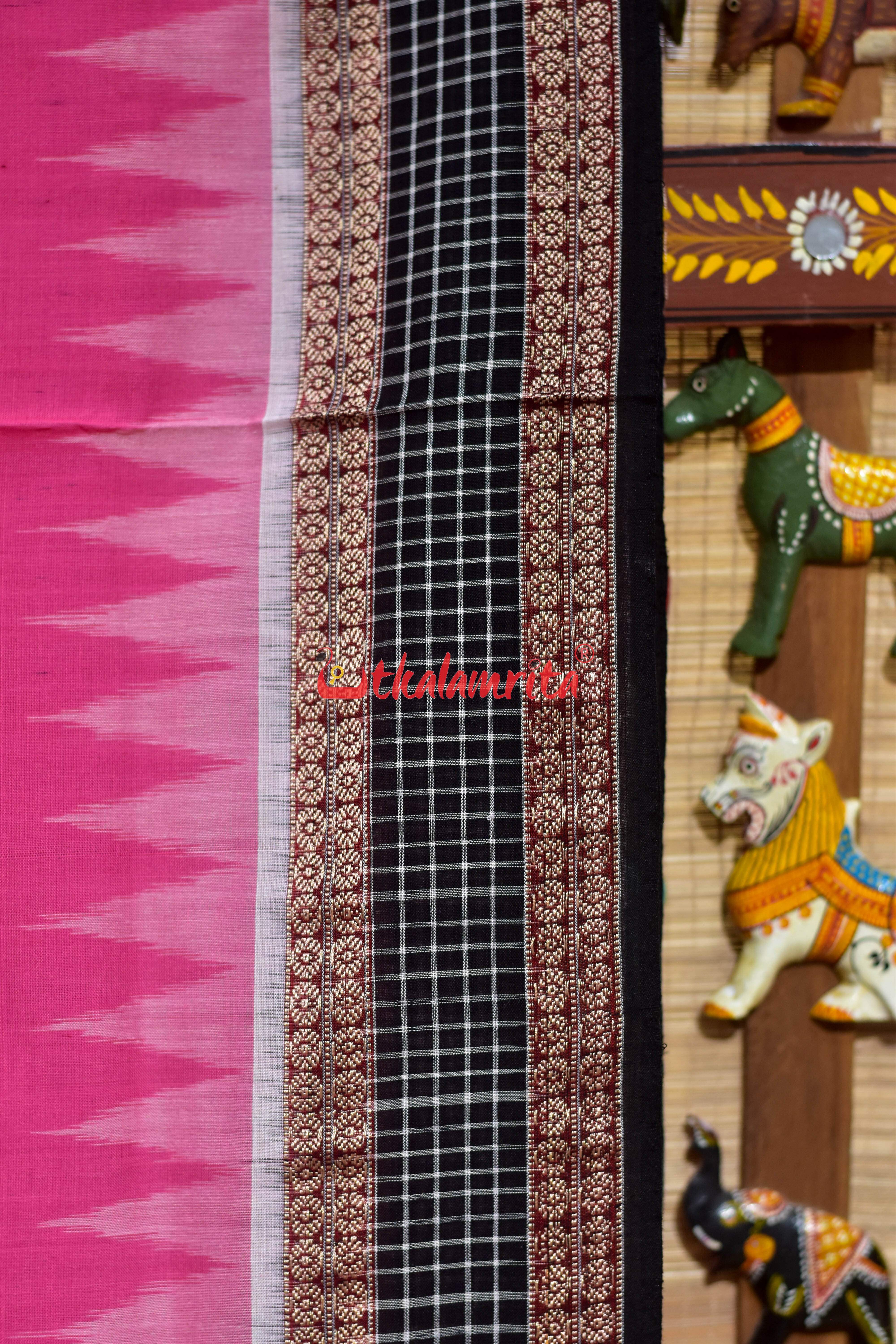Pink with Checks Border Sambalpuri Cotton Saree