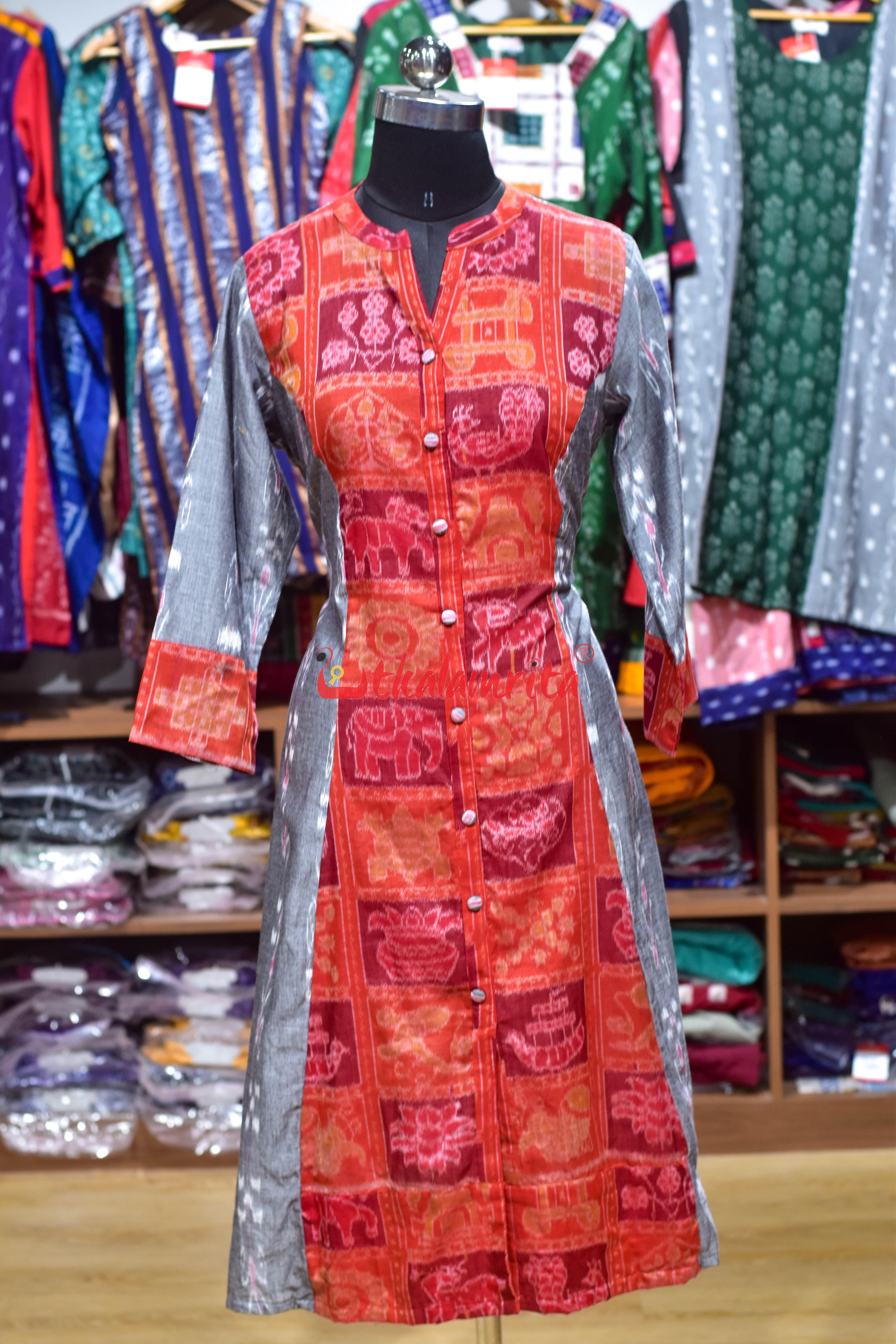 Grey Pasapali Kadha With Nabakothi Middle Design (Ladies Long Kurta)