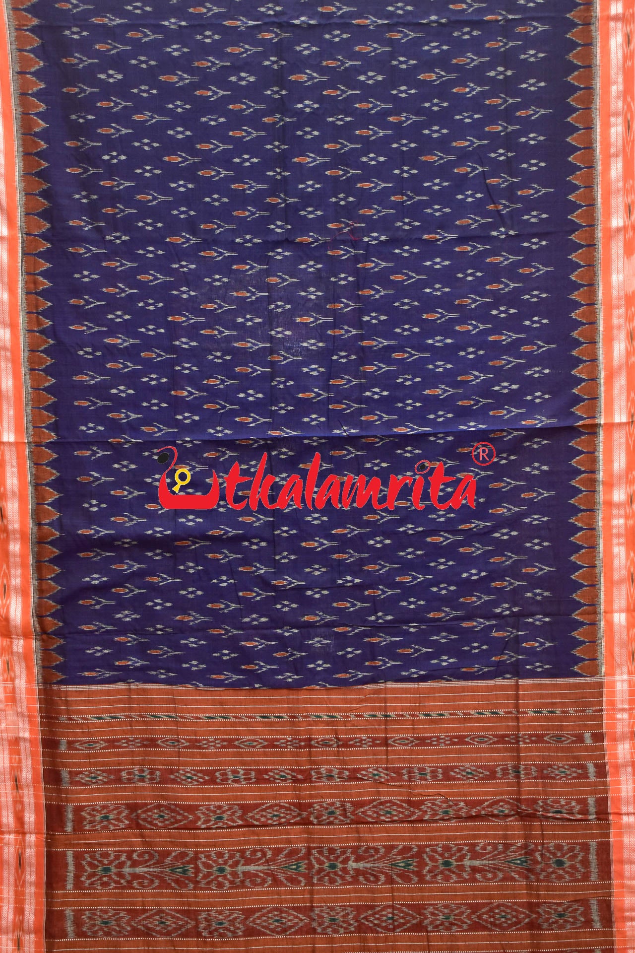 Navy Blue Orange Kadha Khandua Cotton Saree