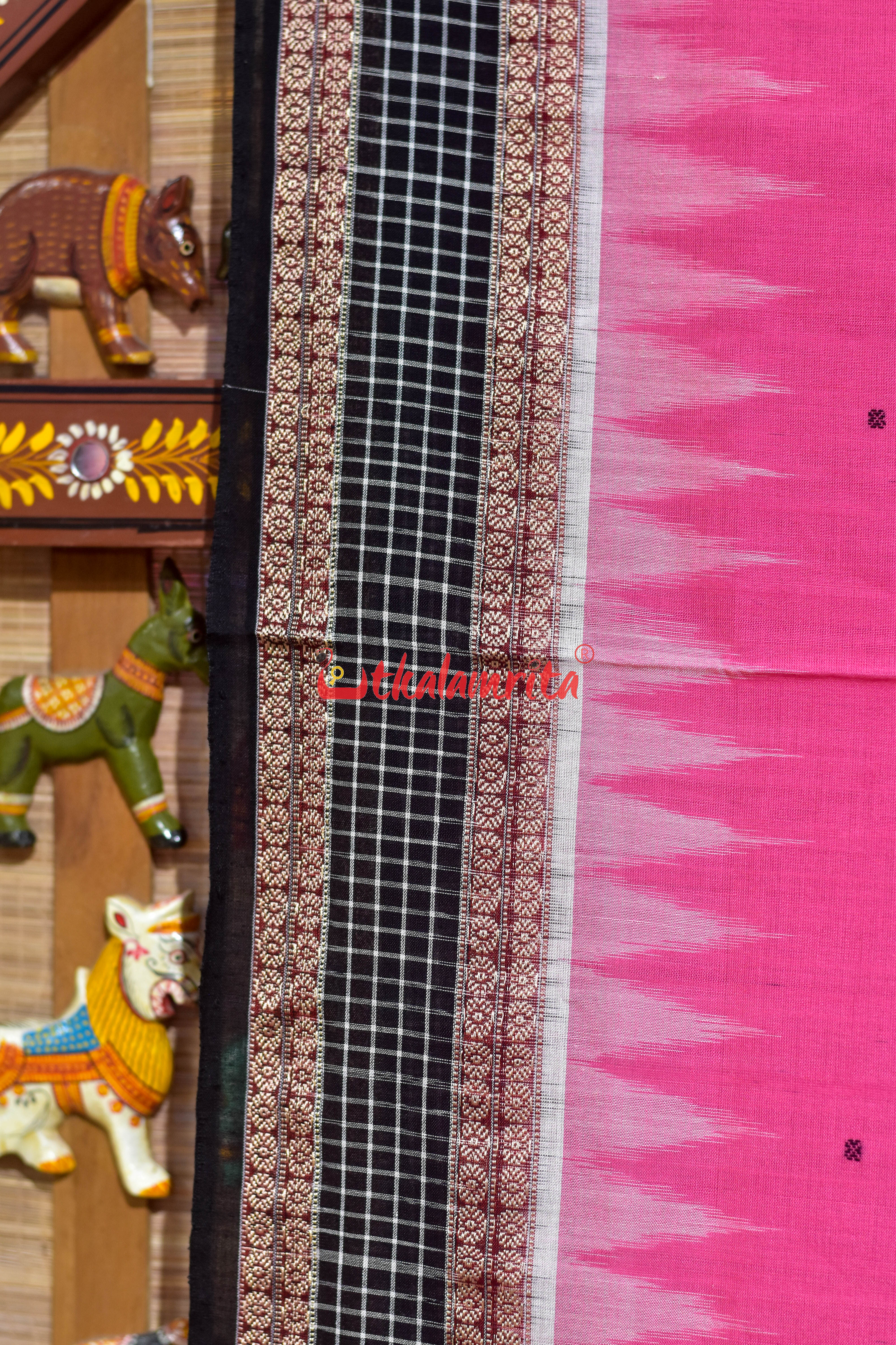 Pink with Checks Border Sambalpuri Cotton Saree