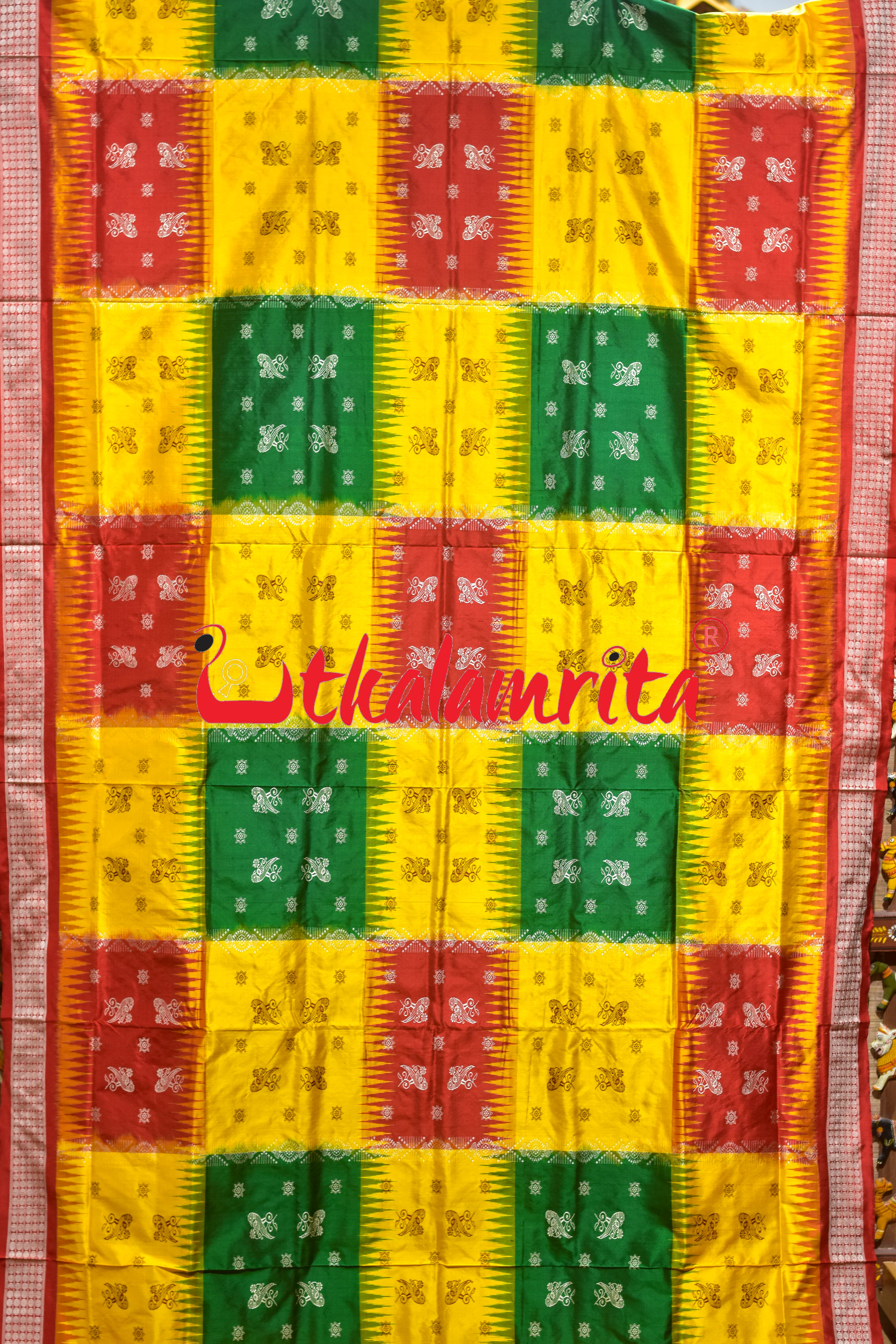Yellow Red Green 5 Kothi Parrots Bandha Bomkai Silk Saree