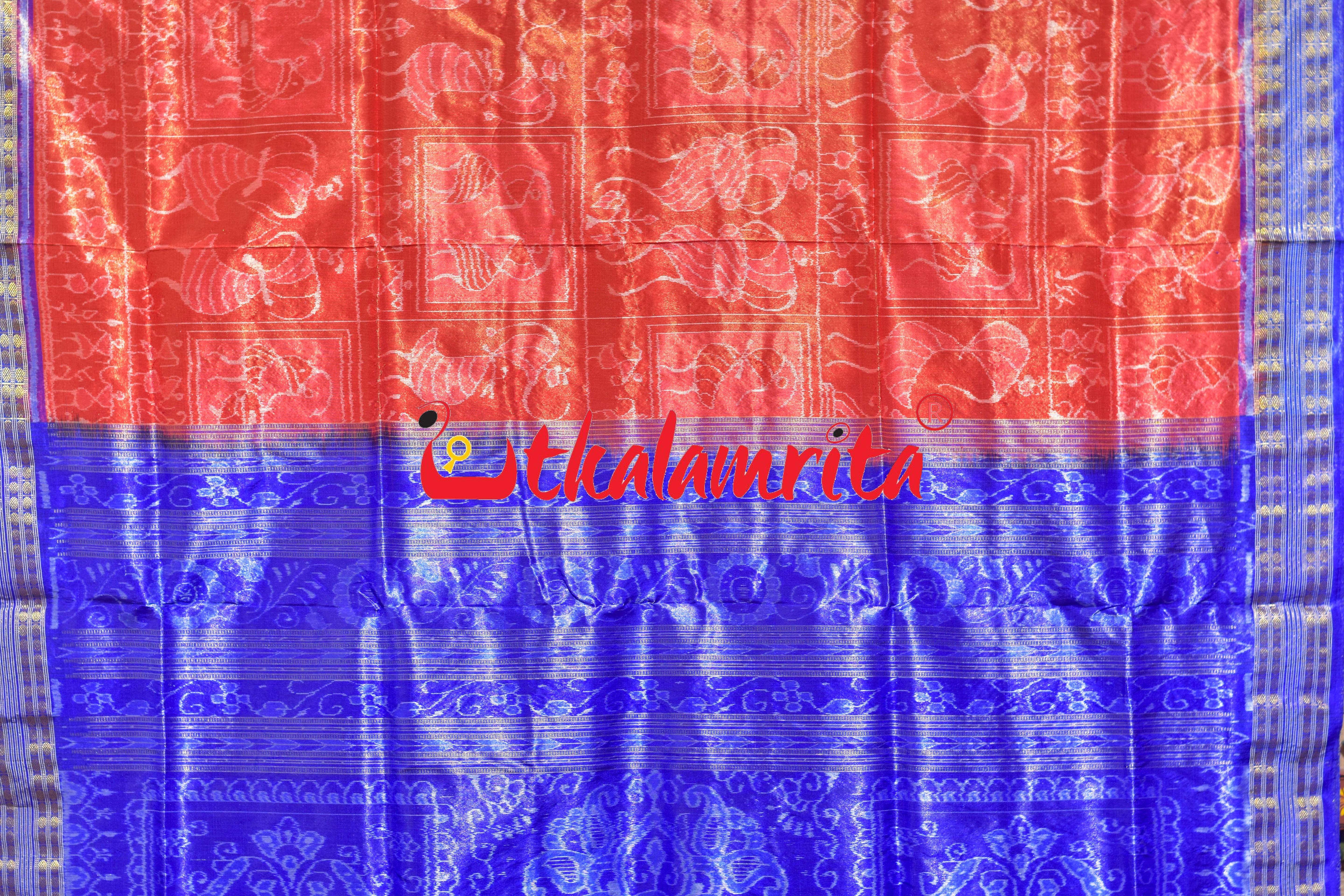 Red Blue Tribal Bandha Full Tissue Sambalpuri Silk Saree