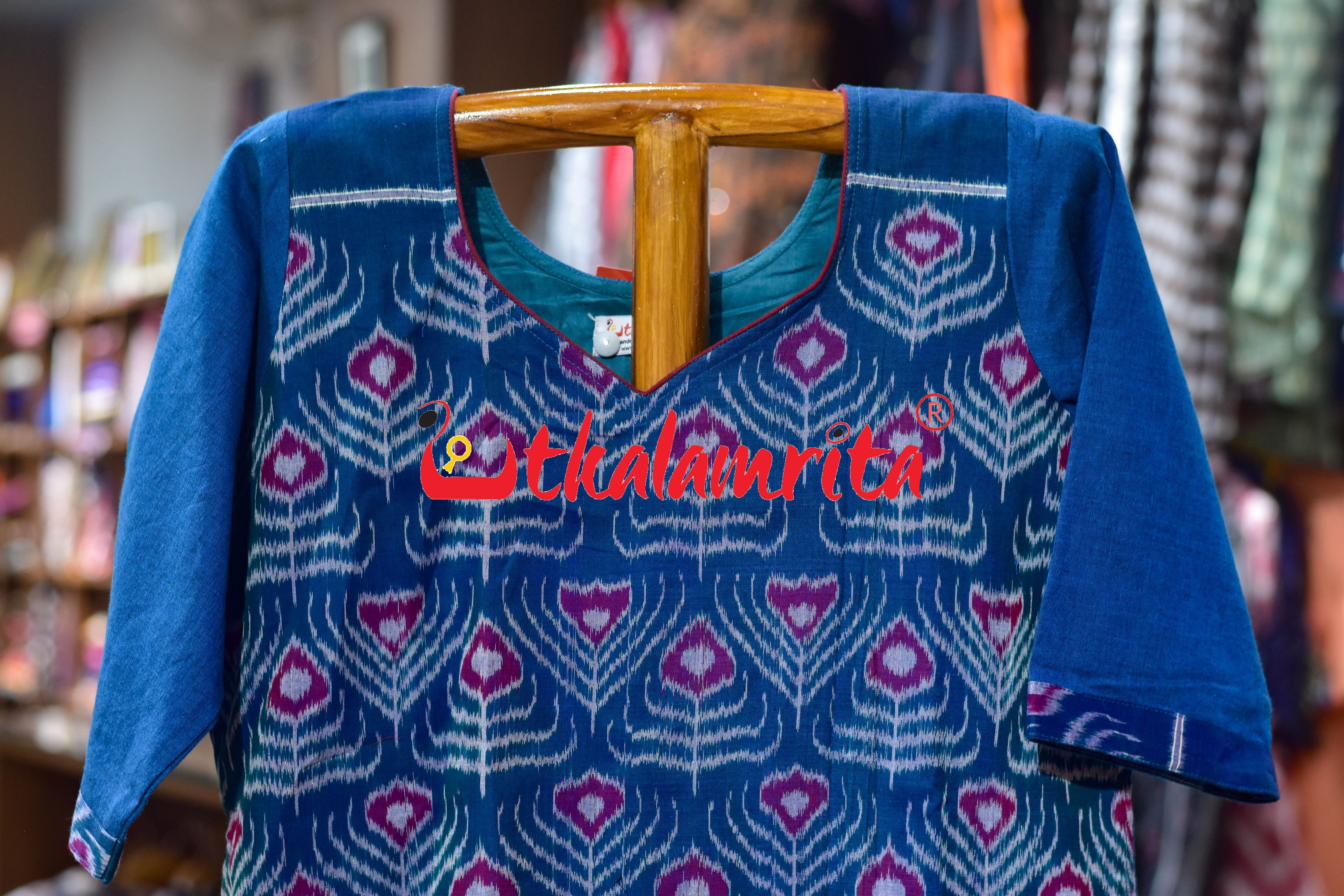 Teal Peacock Feathers Sambalpuri (Ladies Kurti)