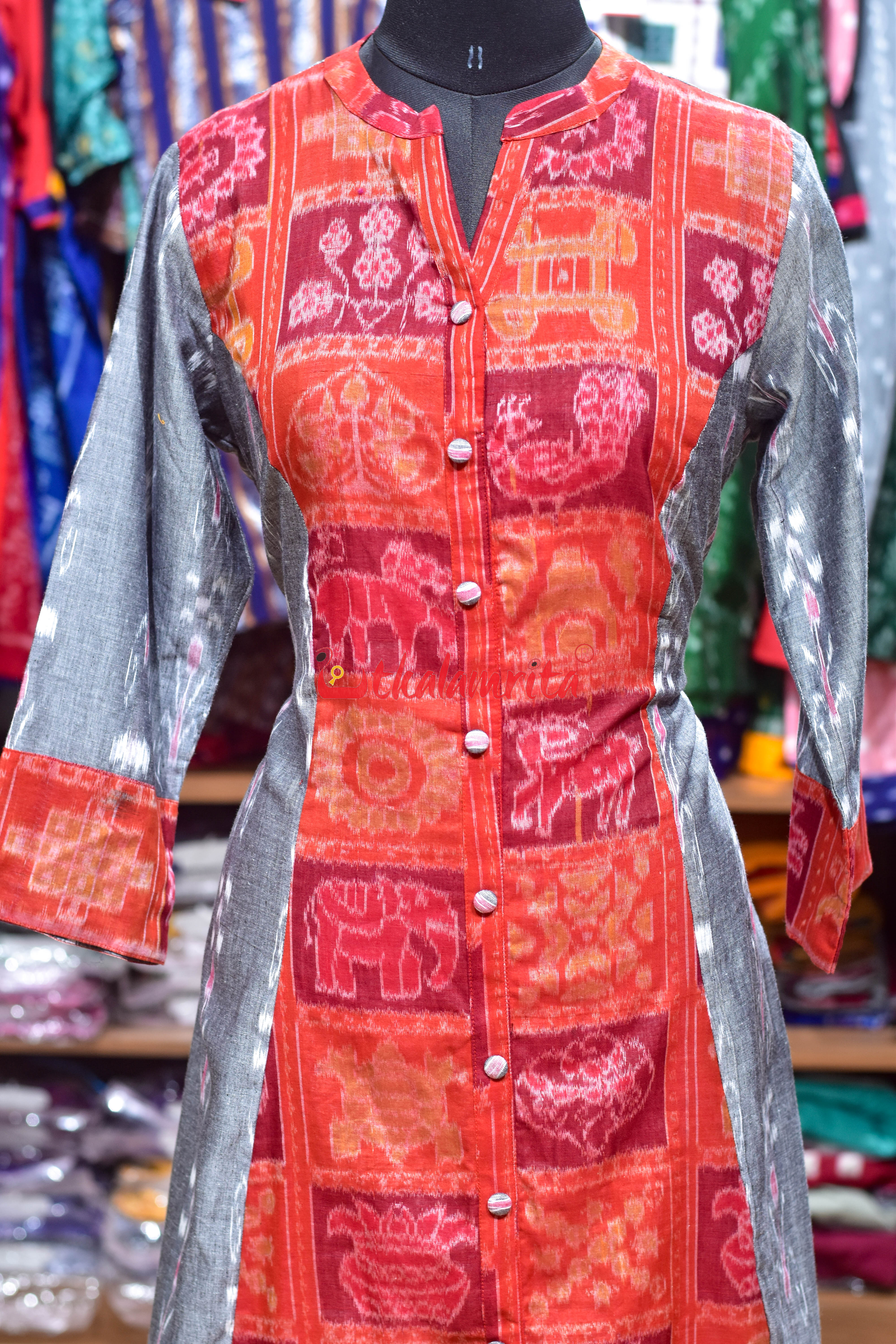 Grey Pasapali Kadha With Nabakothi Middle Design (Ladies Long Kurta)