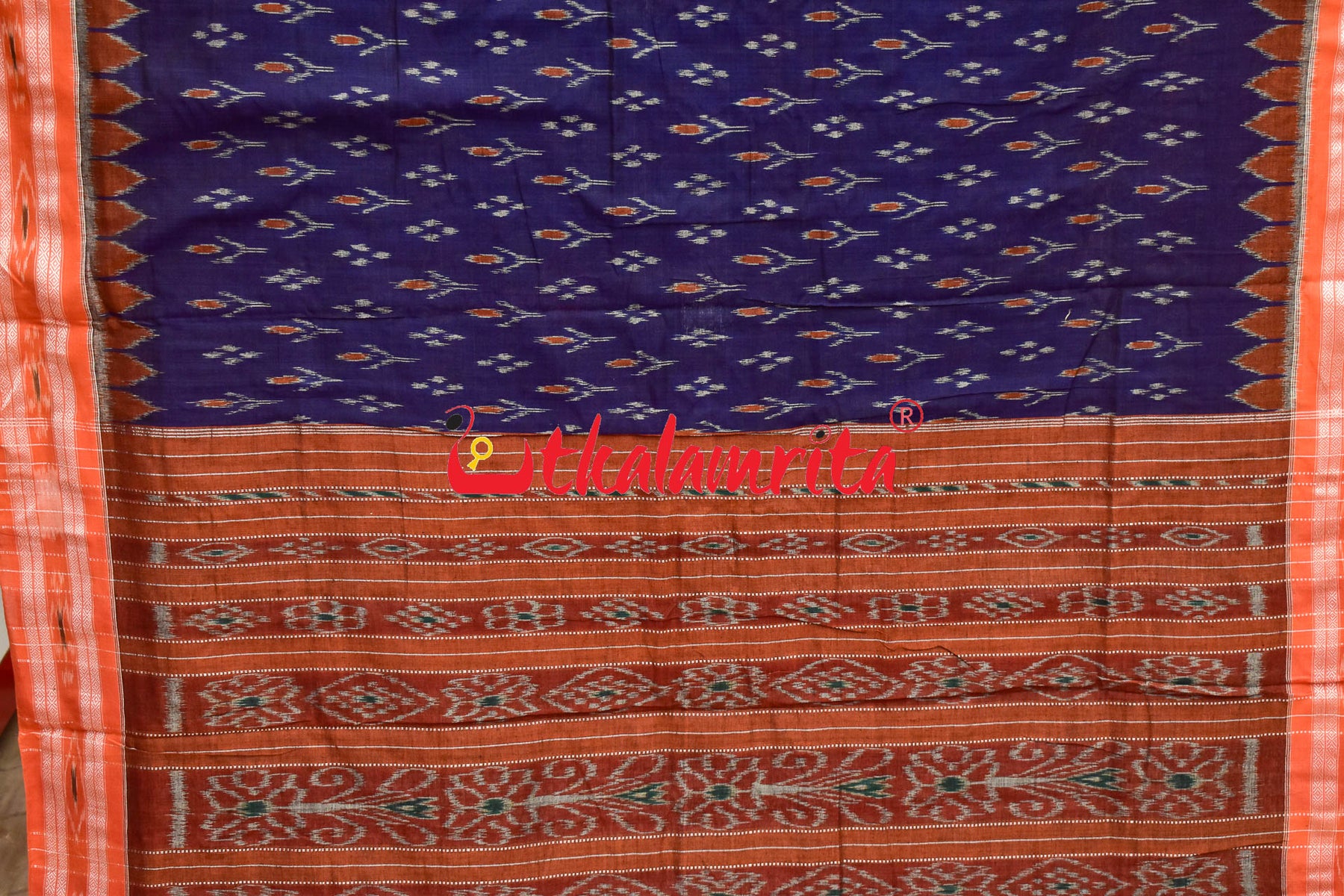 Navy Blue Orange Kadha Khandua Cotton Saree