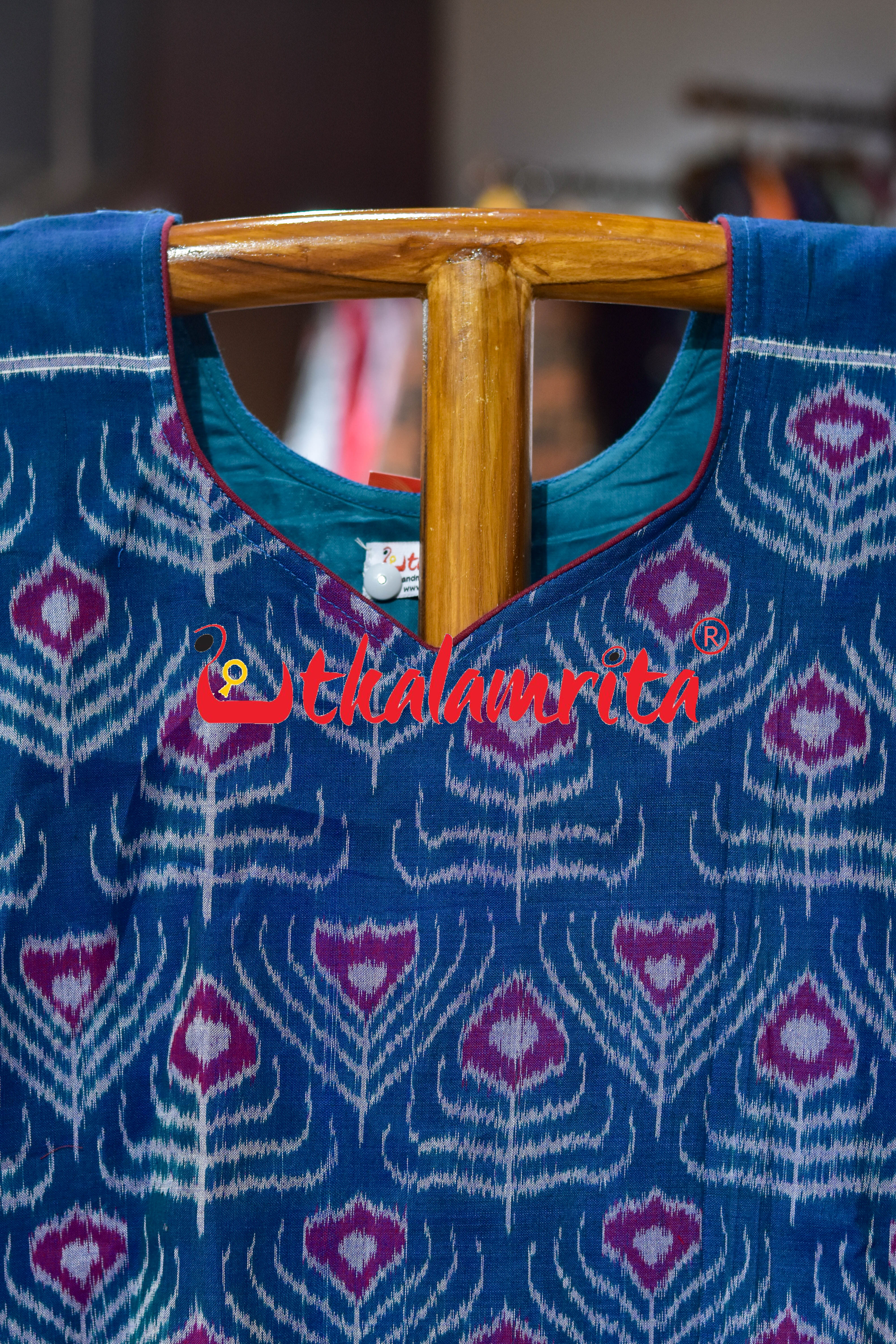 Teal Peacock Feathers Sambalpuri (Ladies Kurti)