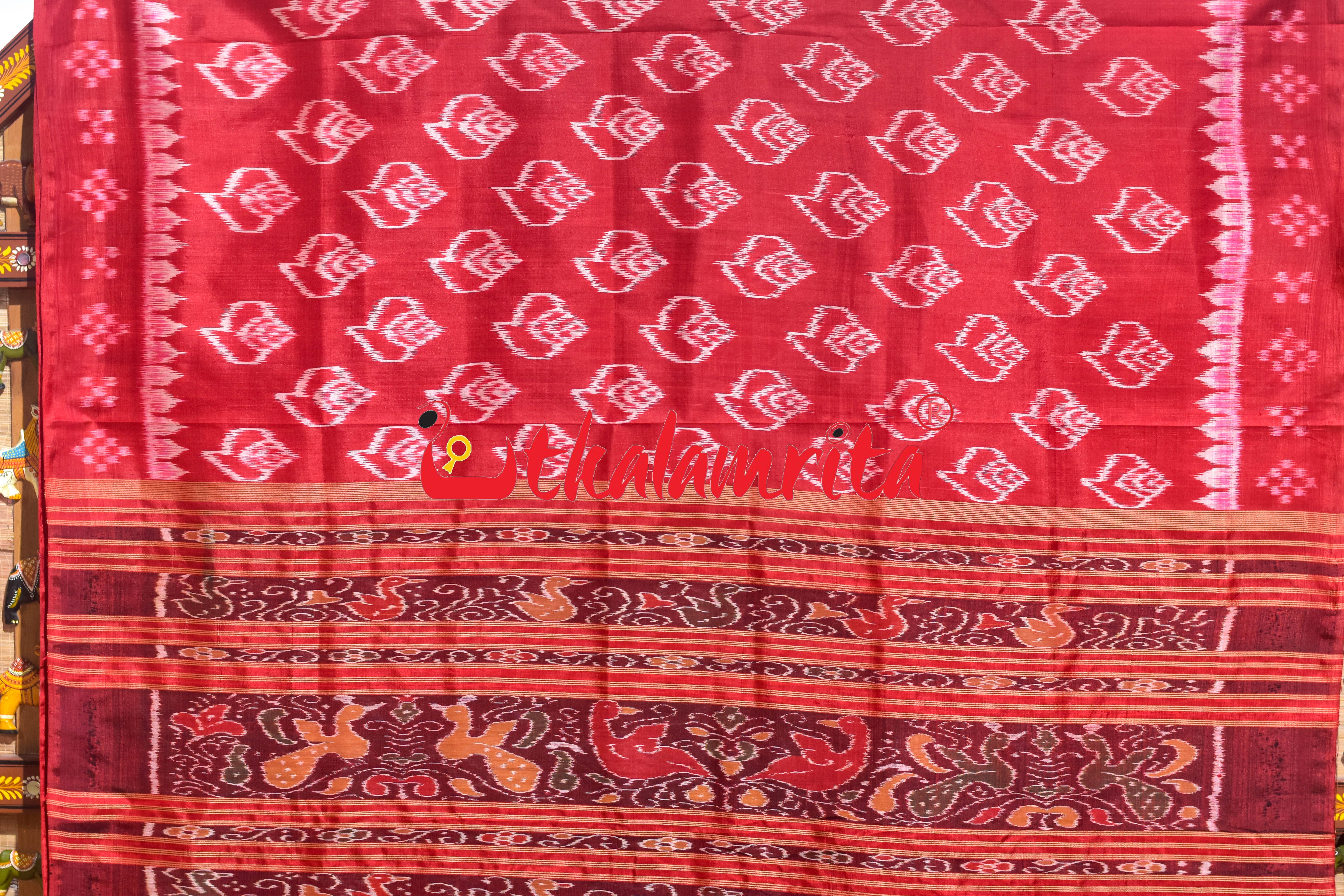 Self Red Sankha Khandua Silk Saree