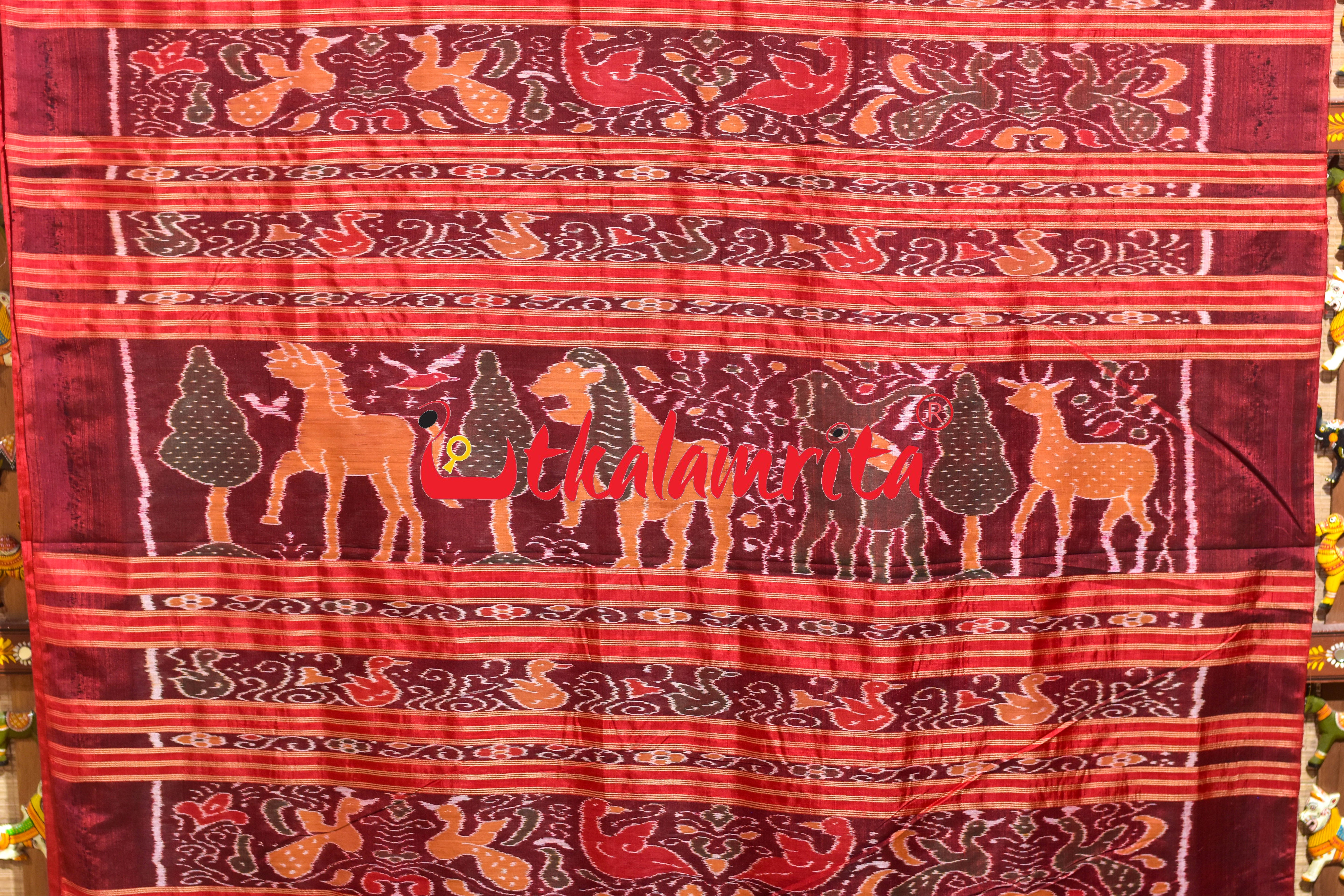 Self Red Sankha Khandua Silk Saree