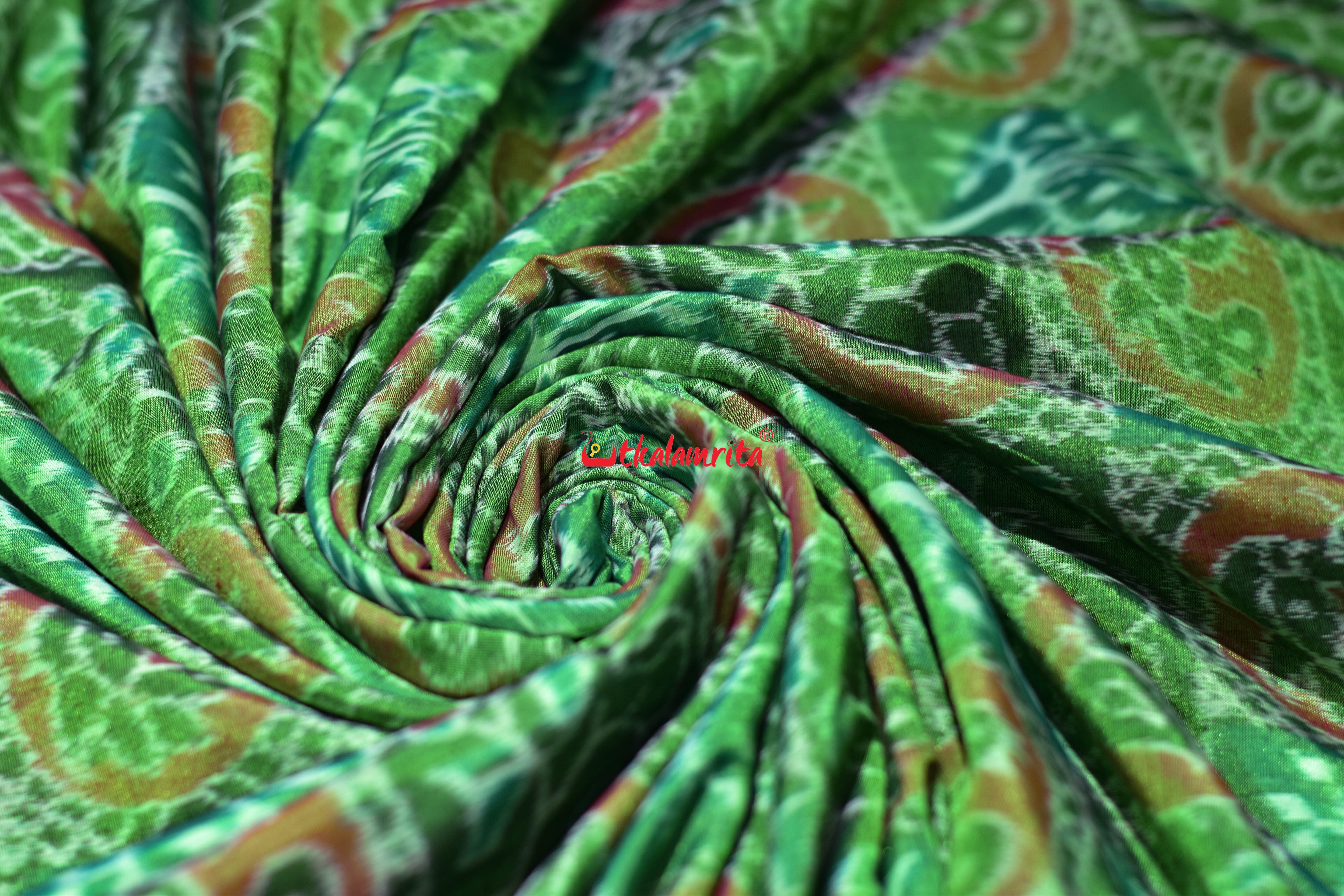 Bright Green Tree Peacock Sambalpuri Cotton (Fabric)