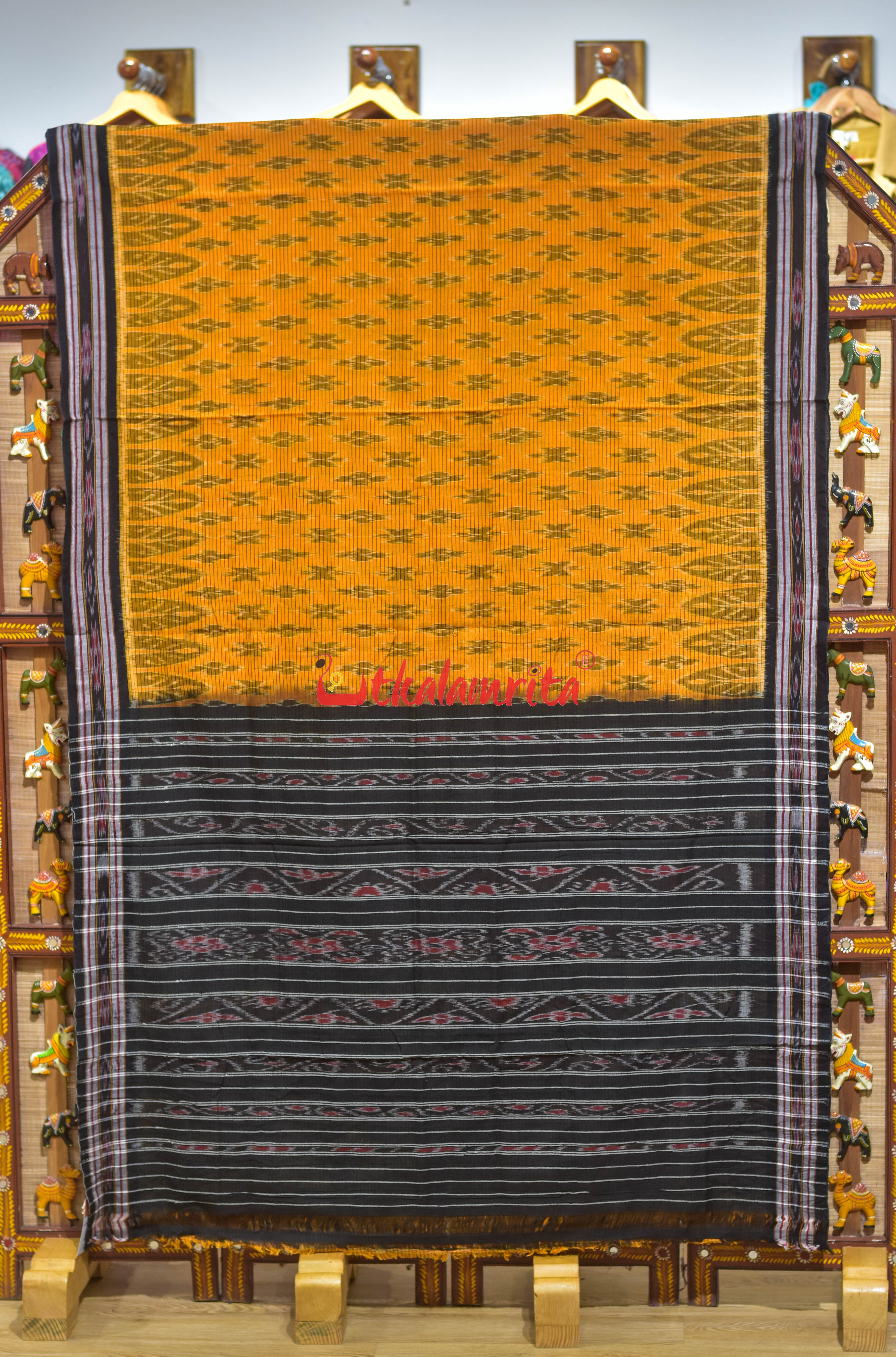 Mustard Black Body Checks Khandua Cotton Saree