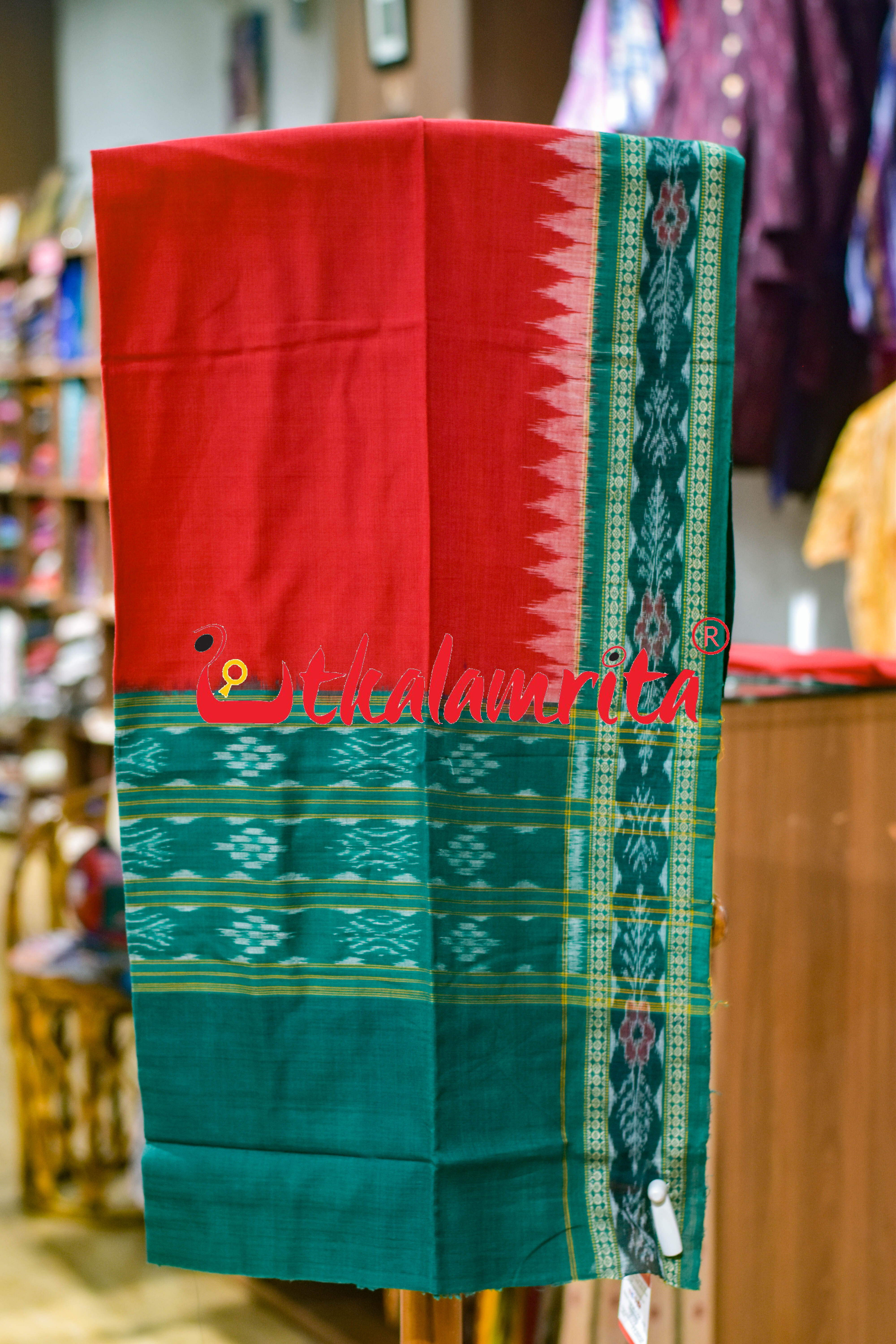 Green Red Traditional Design Sambalpuri Cotton Dress Set