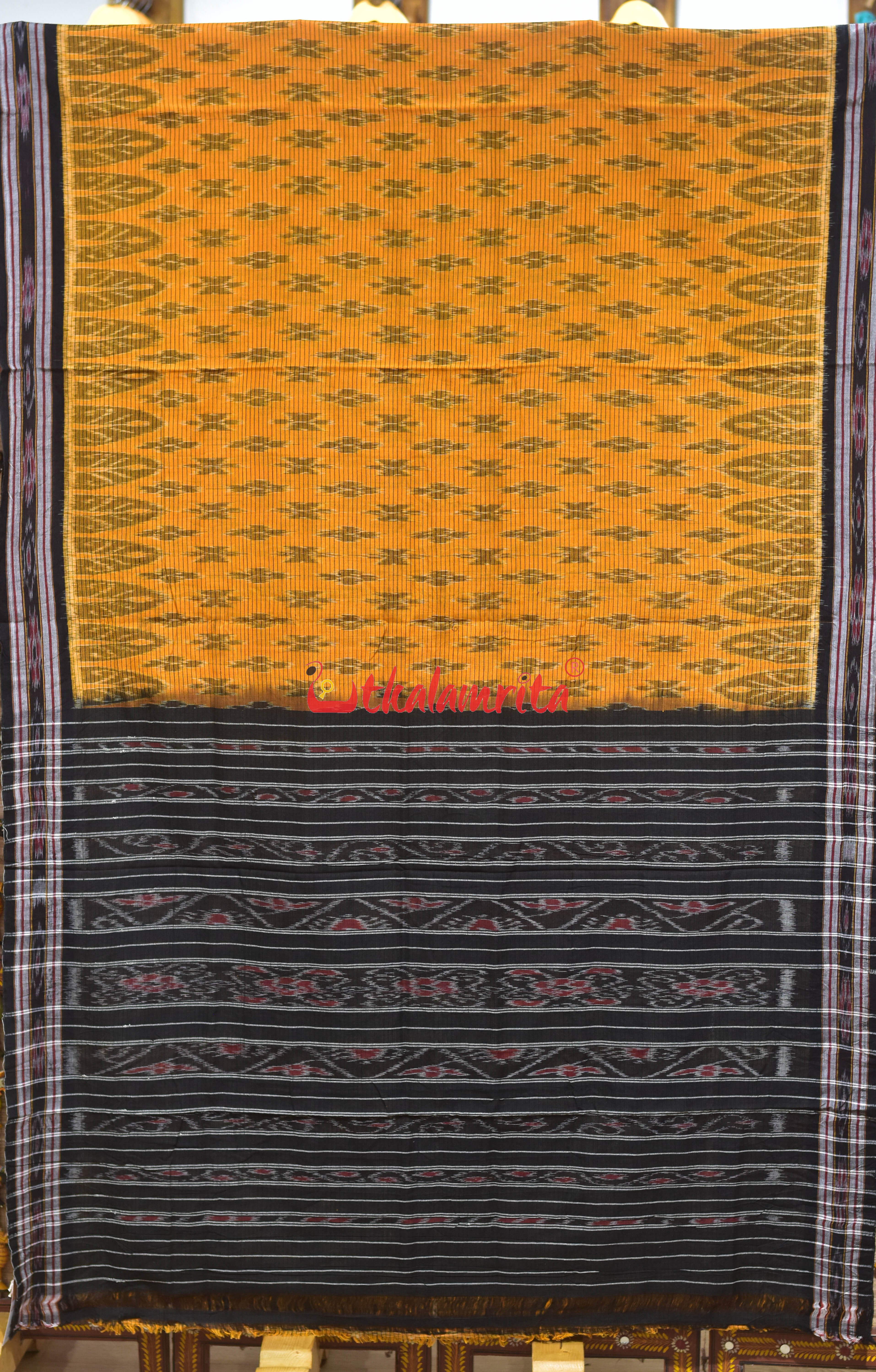Mustard Black Body Checks Khandua Cotton Saree