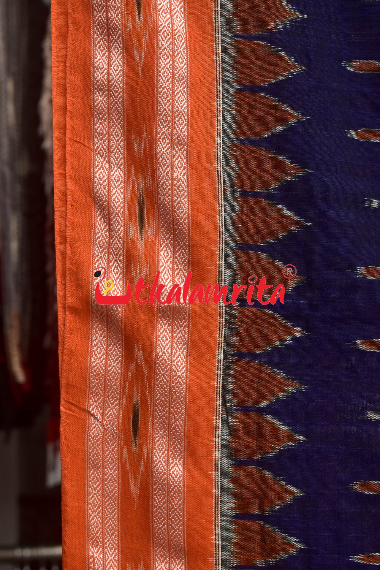 Navy Blue Orange Kadha Khandua Cotton Saree