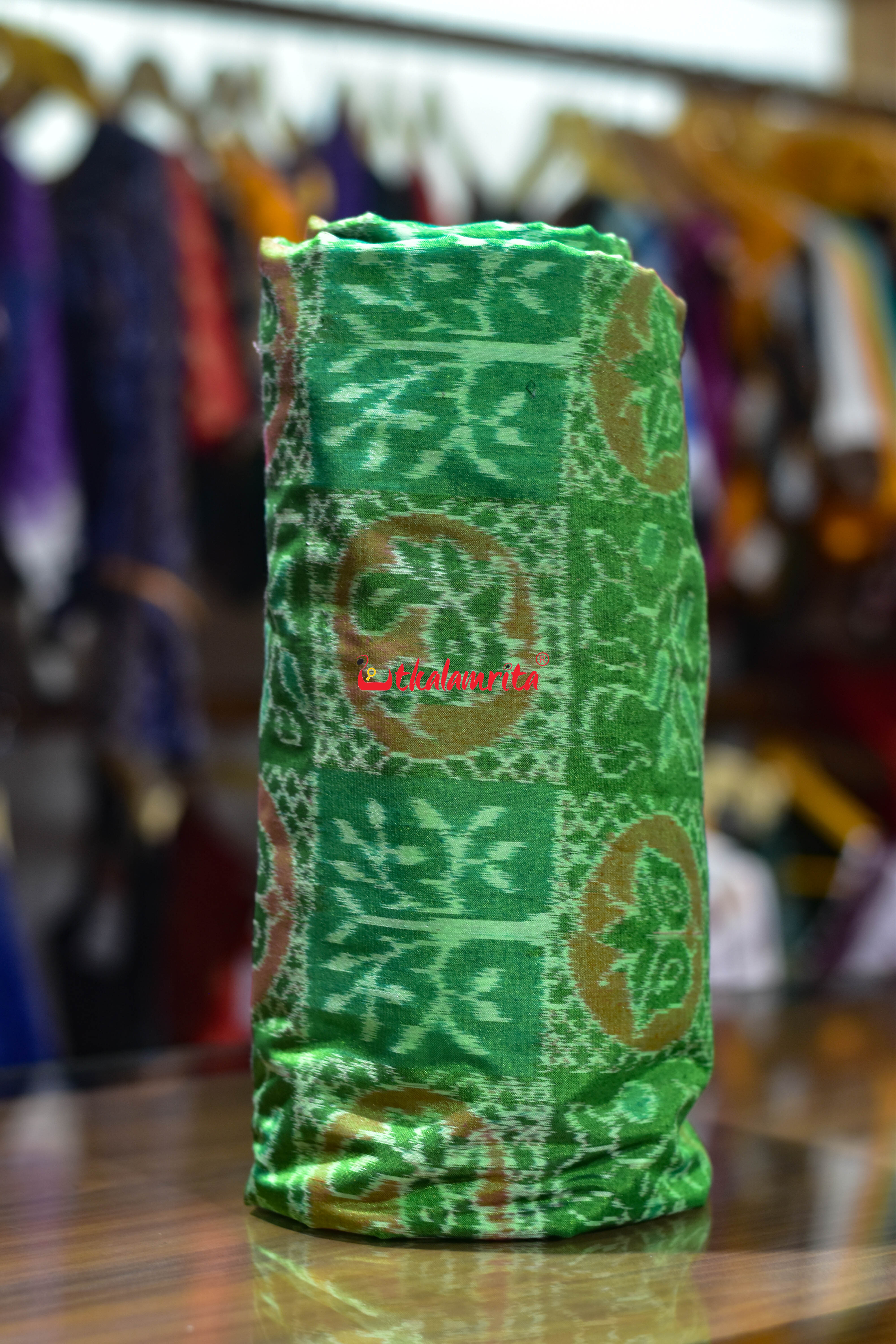 Bright Green Tree Peacock Sambalpuri Cotton (Fabric)