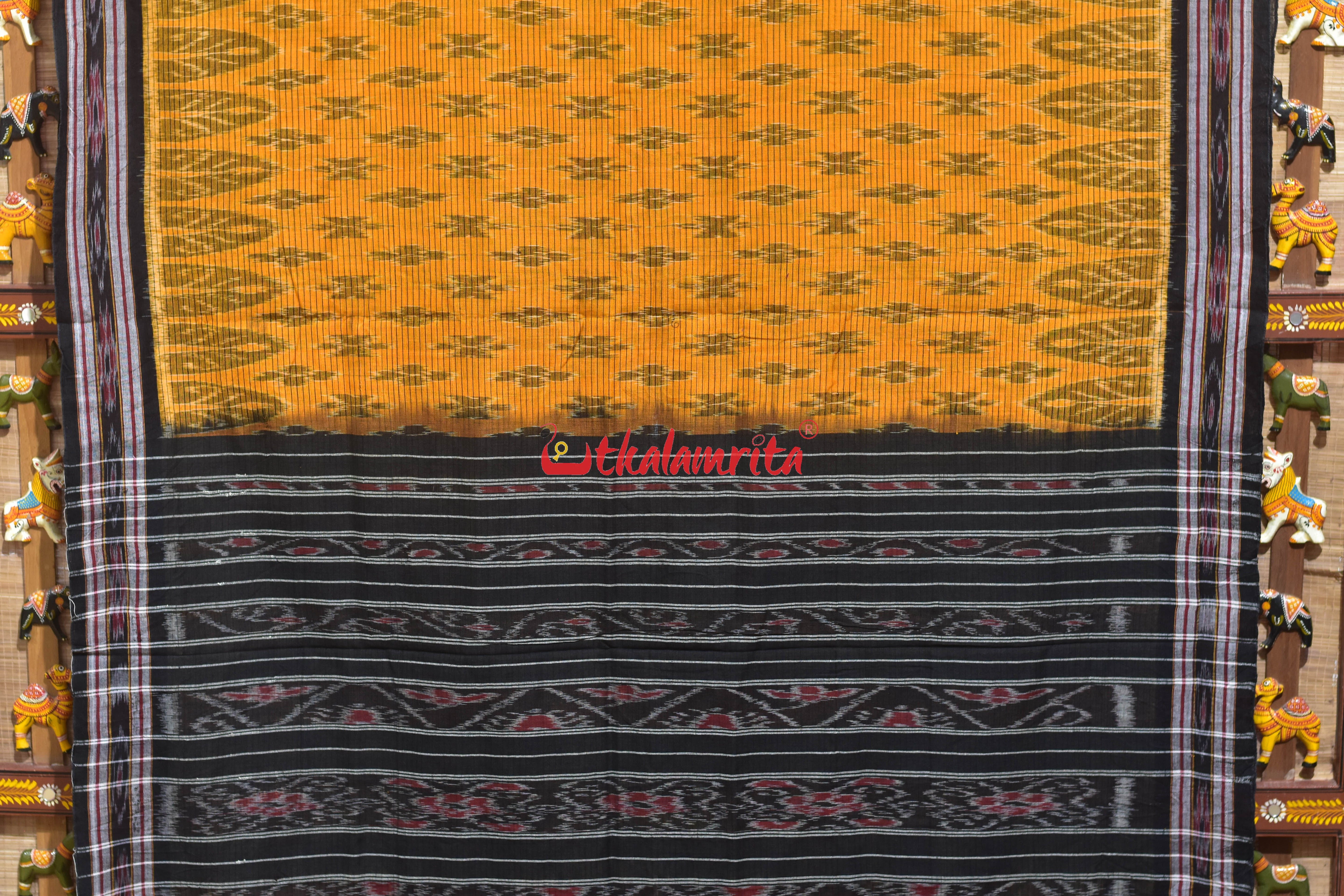 Mustard Black Body Checks Khandua Cotton Saree