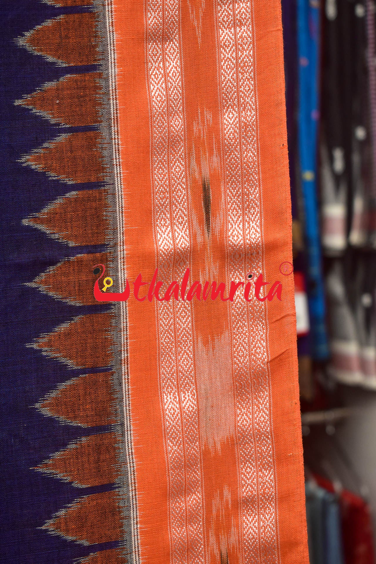 Navy Blue Orange Kadha Khandua Cotton Saree