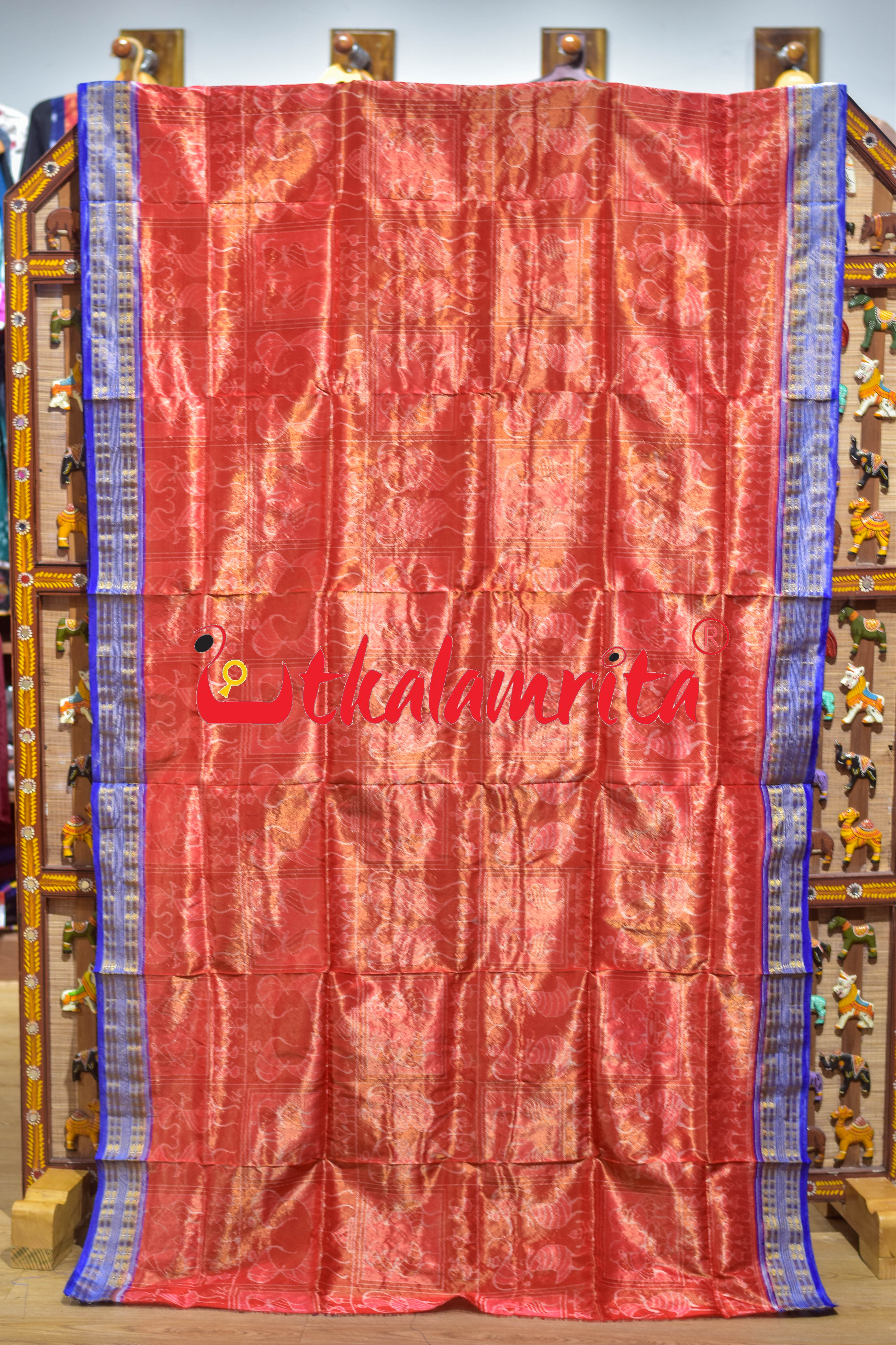 Red Blue Tribal Bandha Full Tissue Sambalpuri Silk Saree