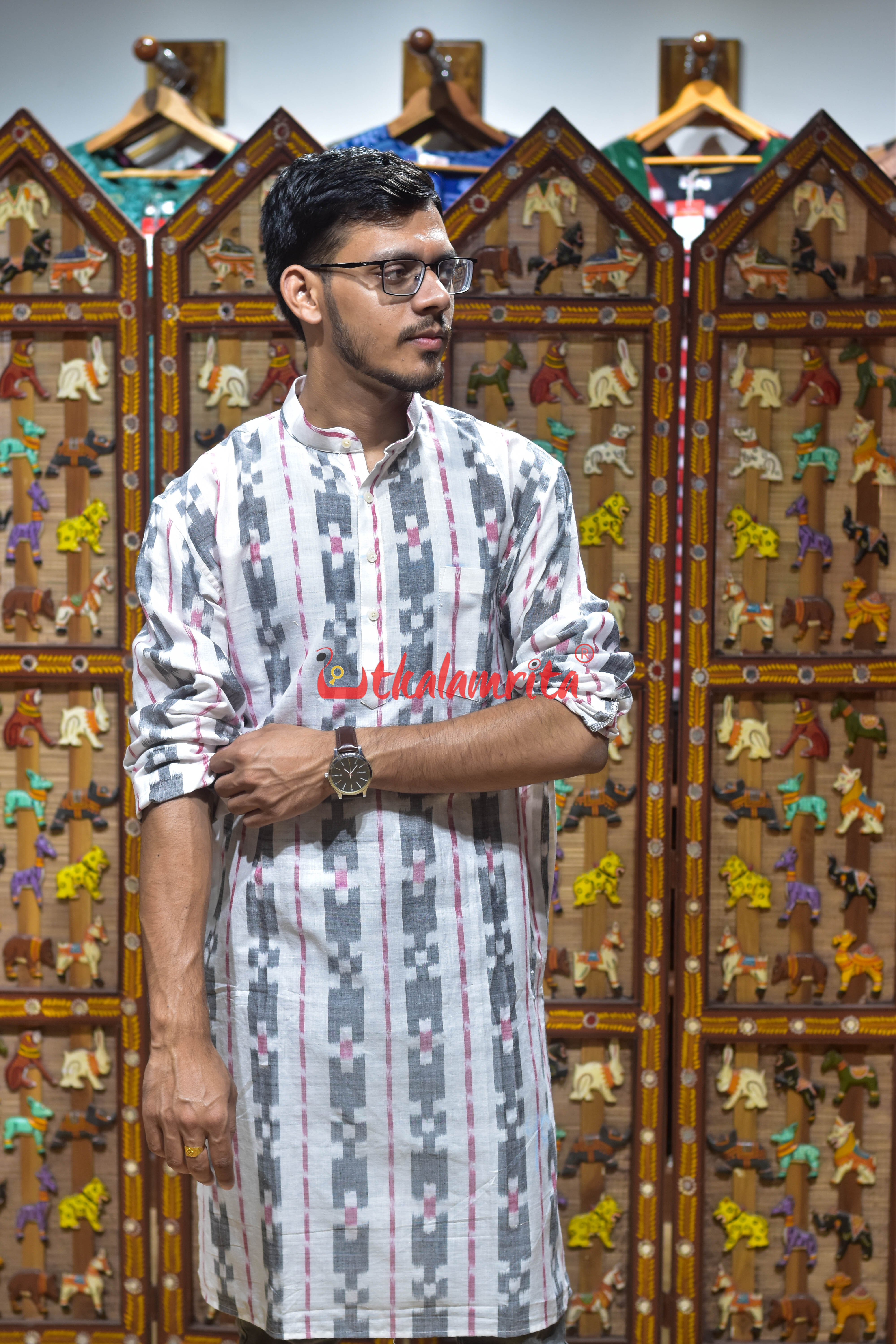 White Black Pasapali (Men's Long Kurta)