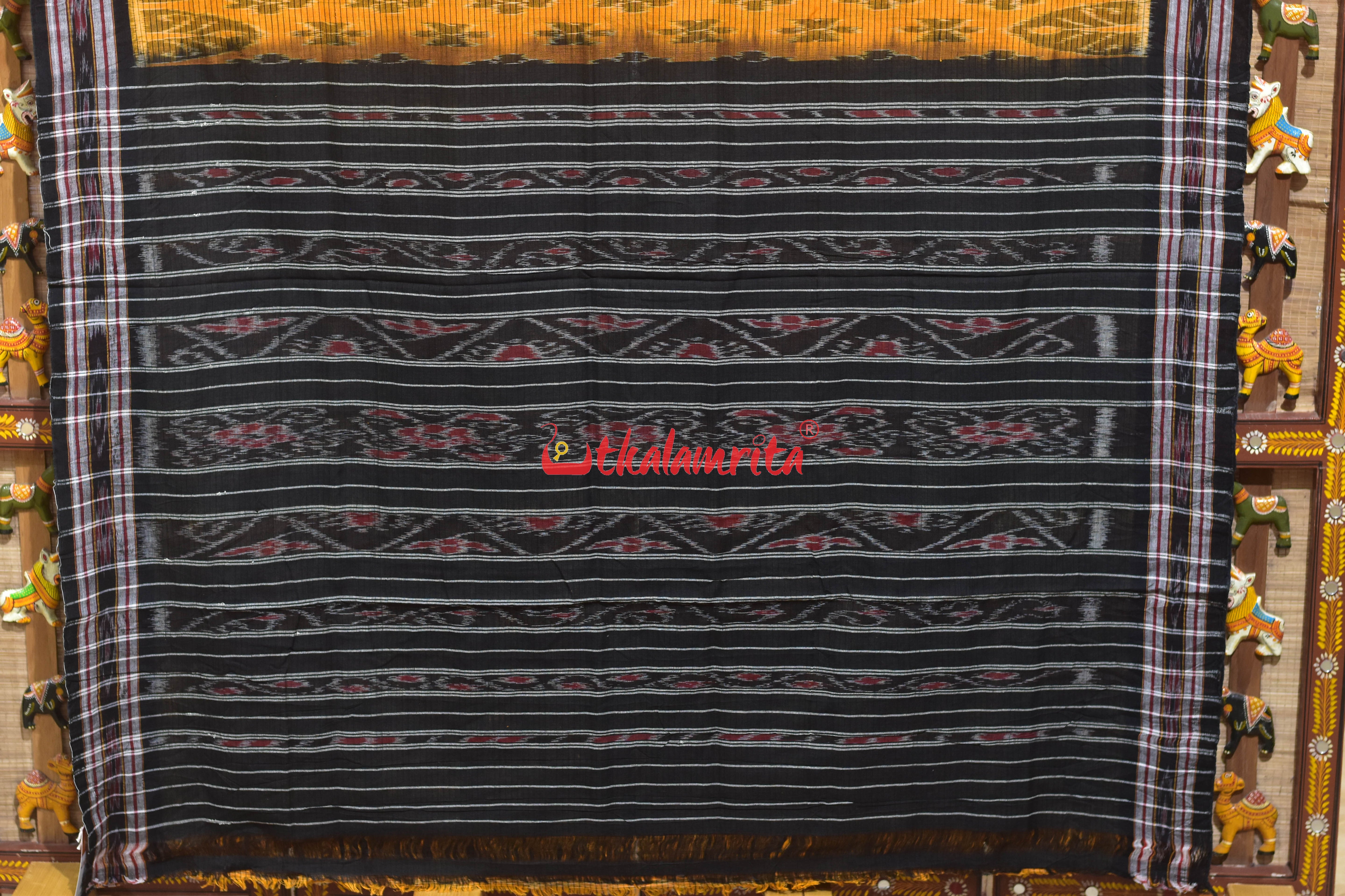 Mustard Black Body Checks Khandua Cotton Saree