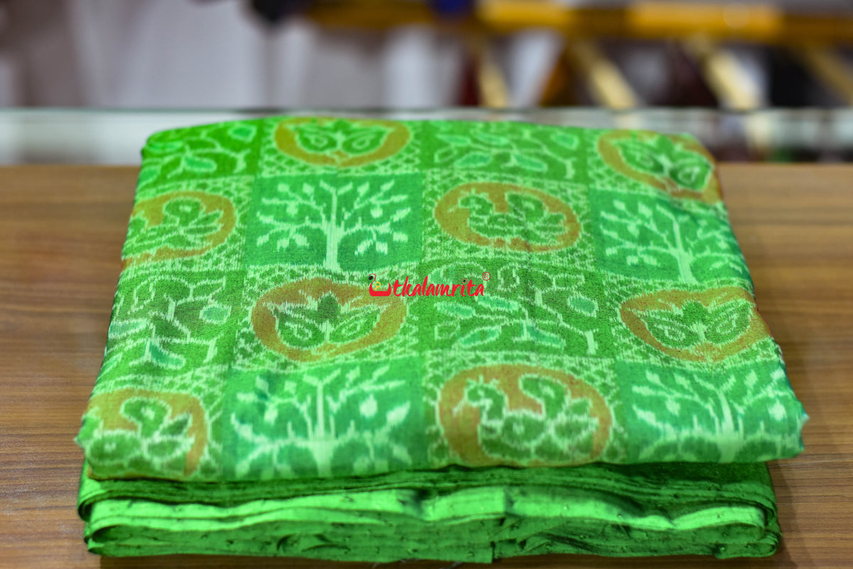 Bright Green Tree Peacock Sambalpuri Cotton (Fabric)