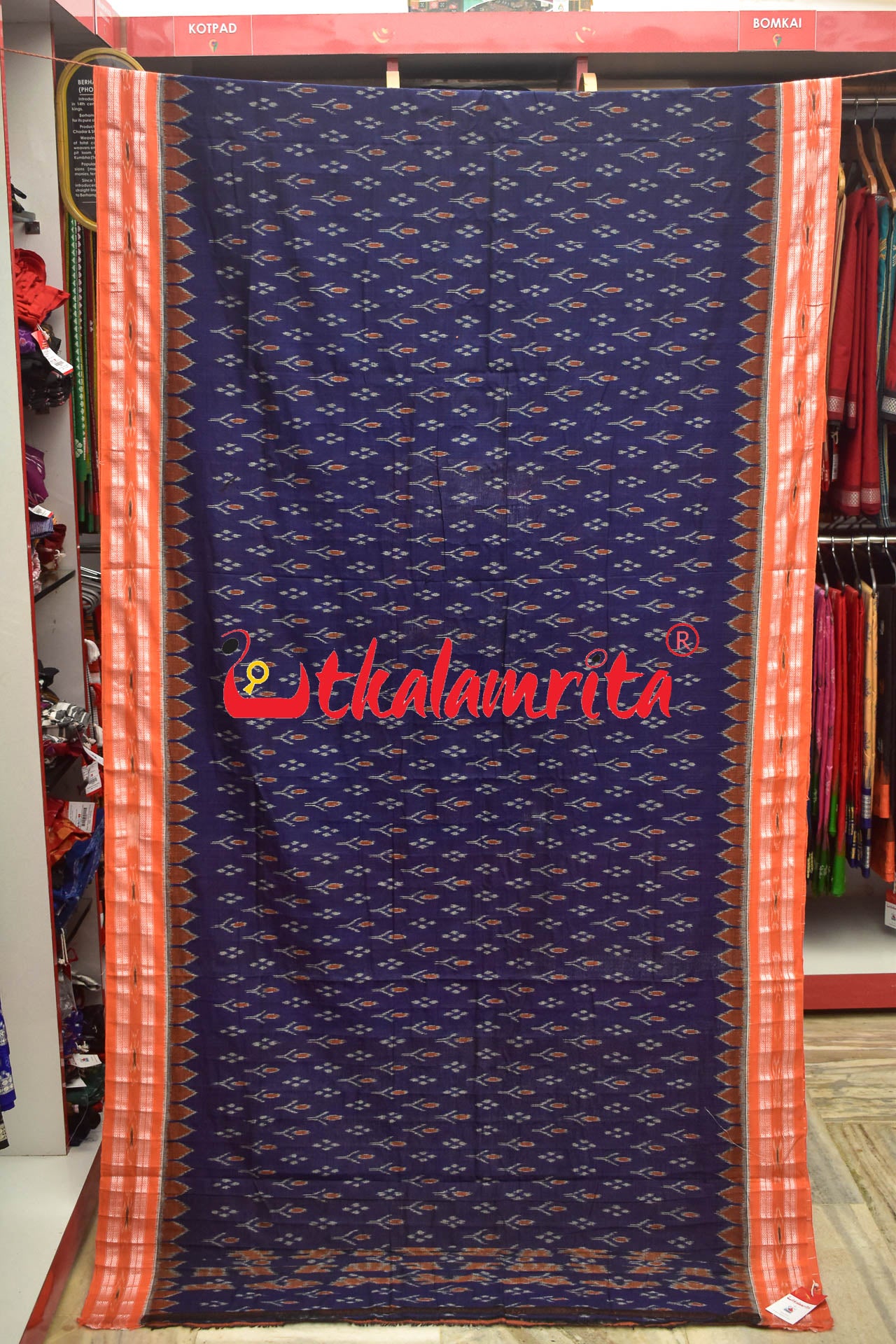 Navy Blue Orange Kadha Khandua Cotton Saree