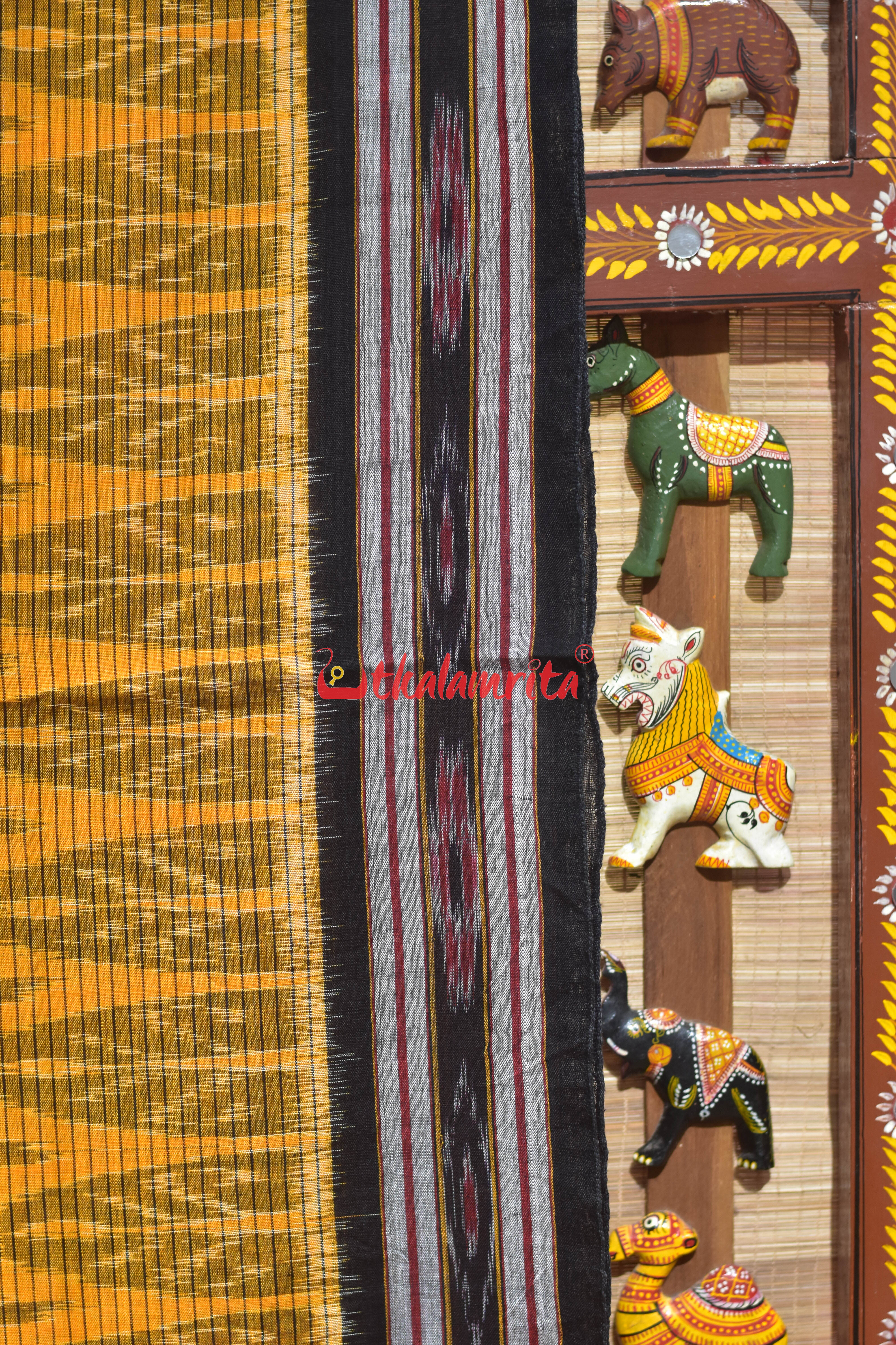 Mustard Black Body Checks Khandua Cotton Saree