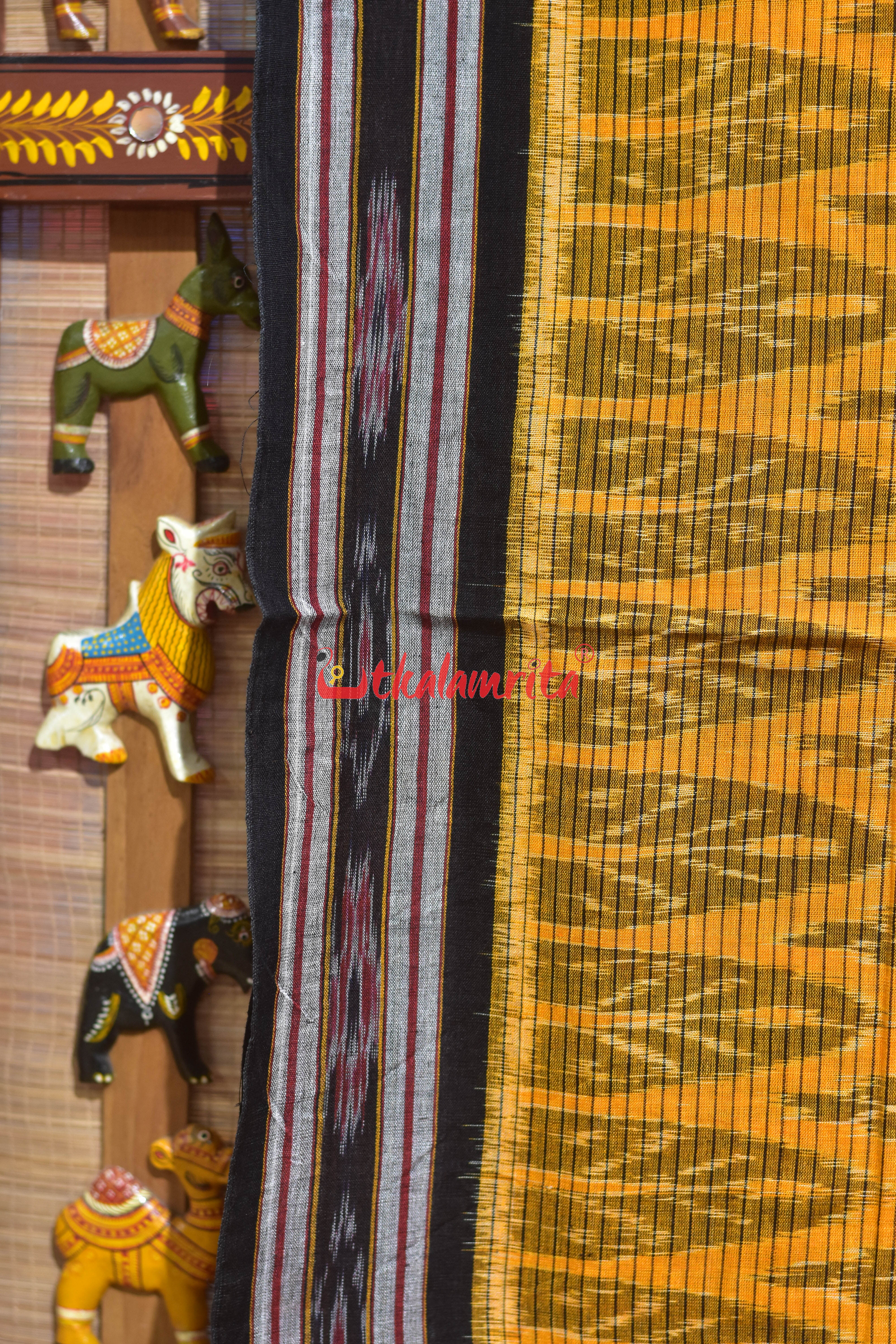 Mustard Black Body Checks Khandua Cotton Saree
