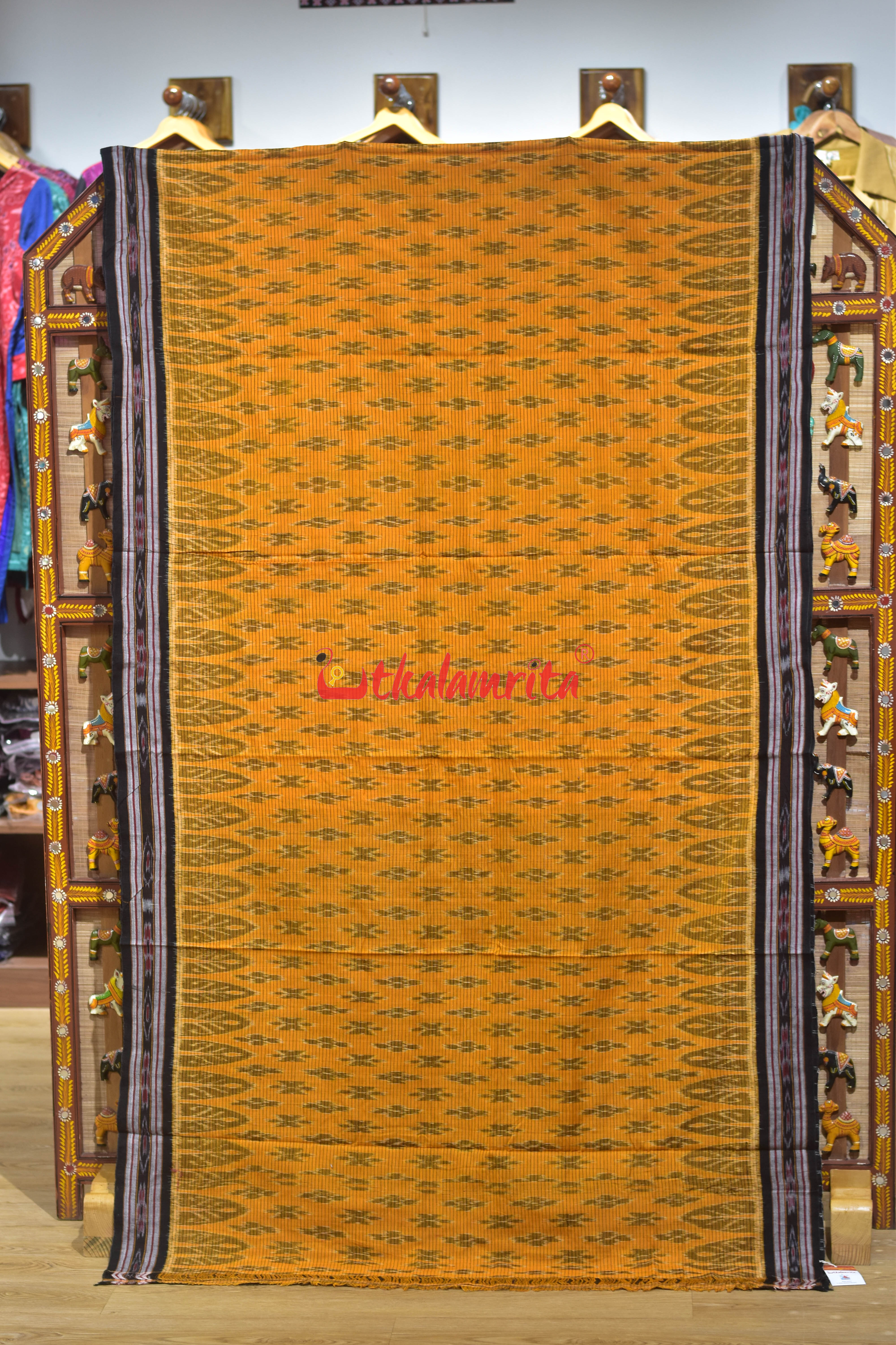 Mustard Black Body Checks Khandua Cotton Saree