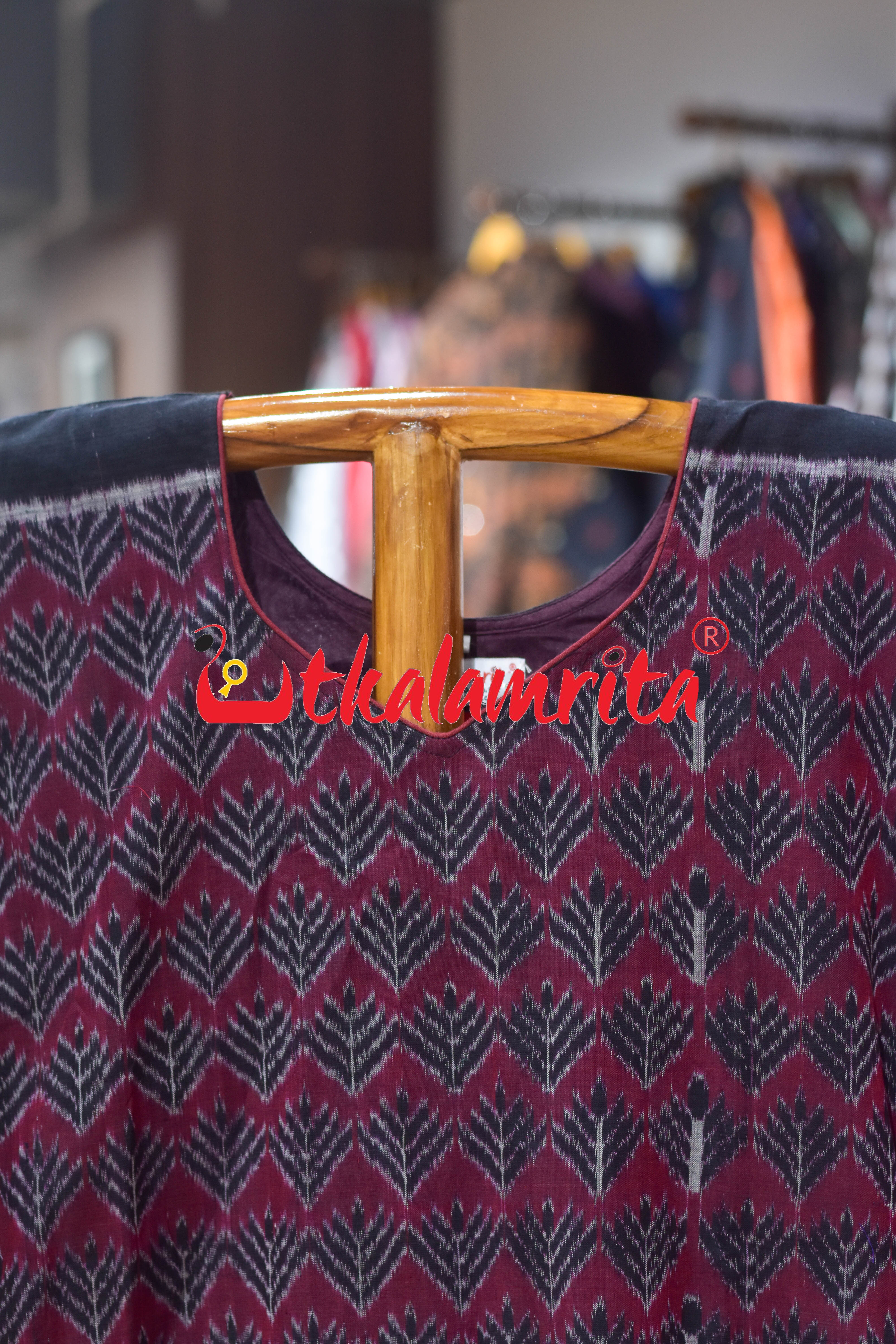 Black and Maroon Ferns Sambalpuri (Ladies Kurti)