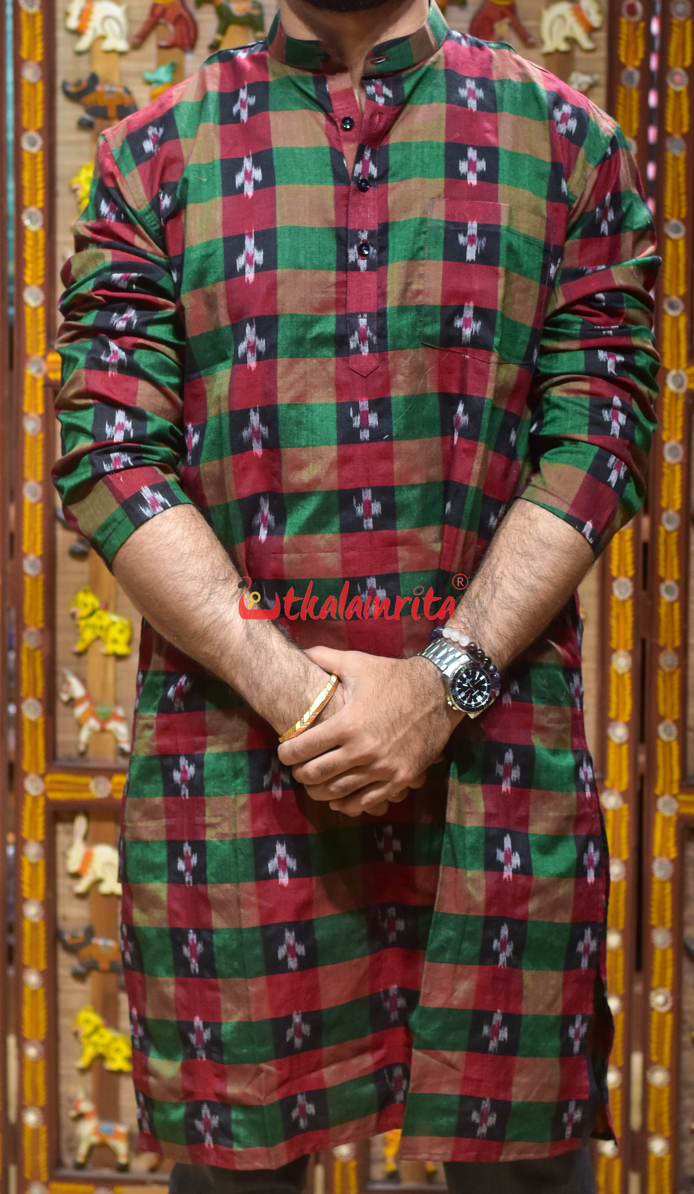 Black Green Checks Pasapali (Men's Long Kurta)