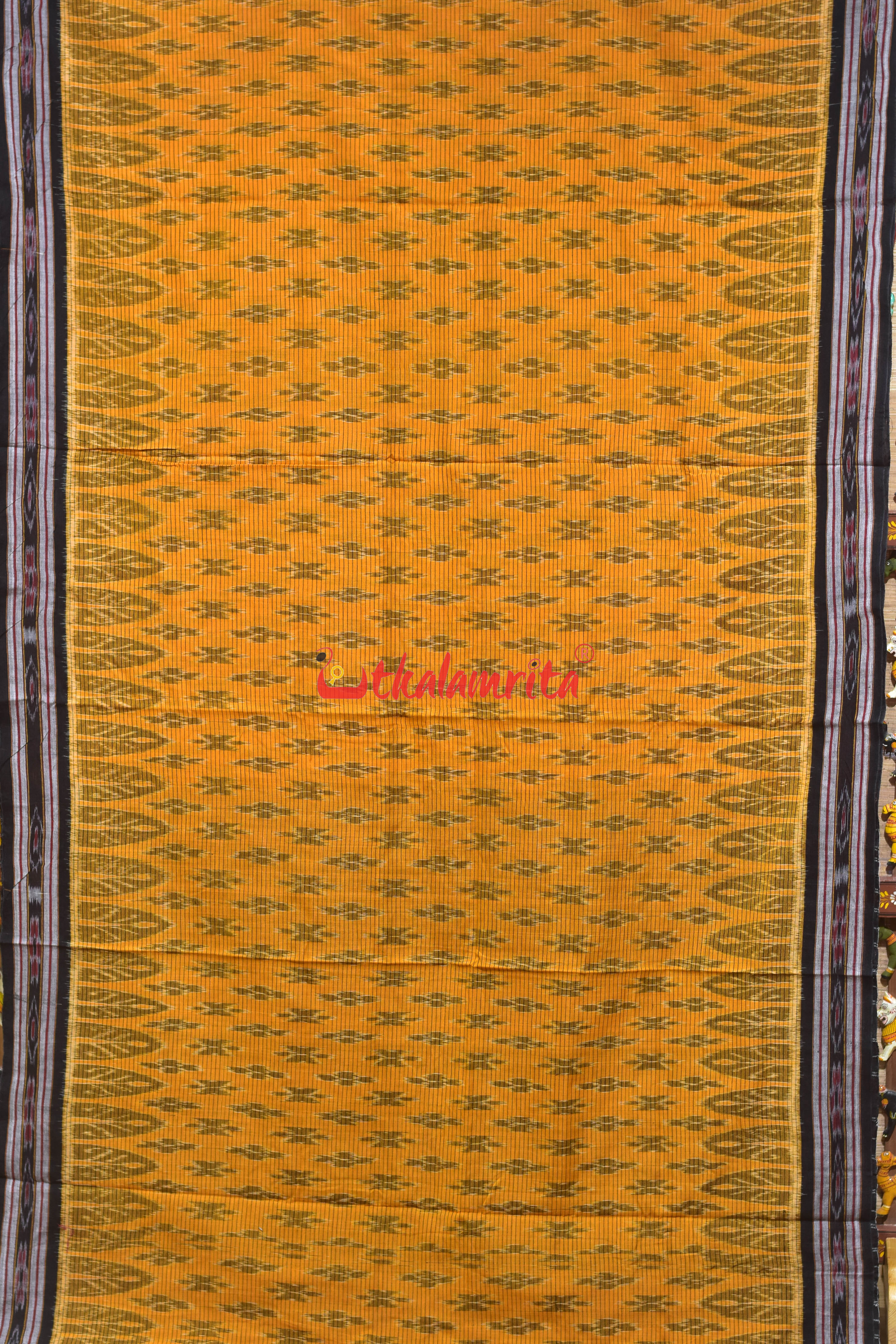 Mustard Black Body Checks Khandua Cotton Saree