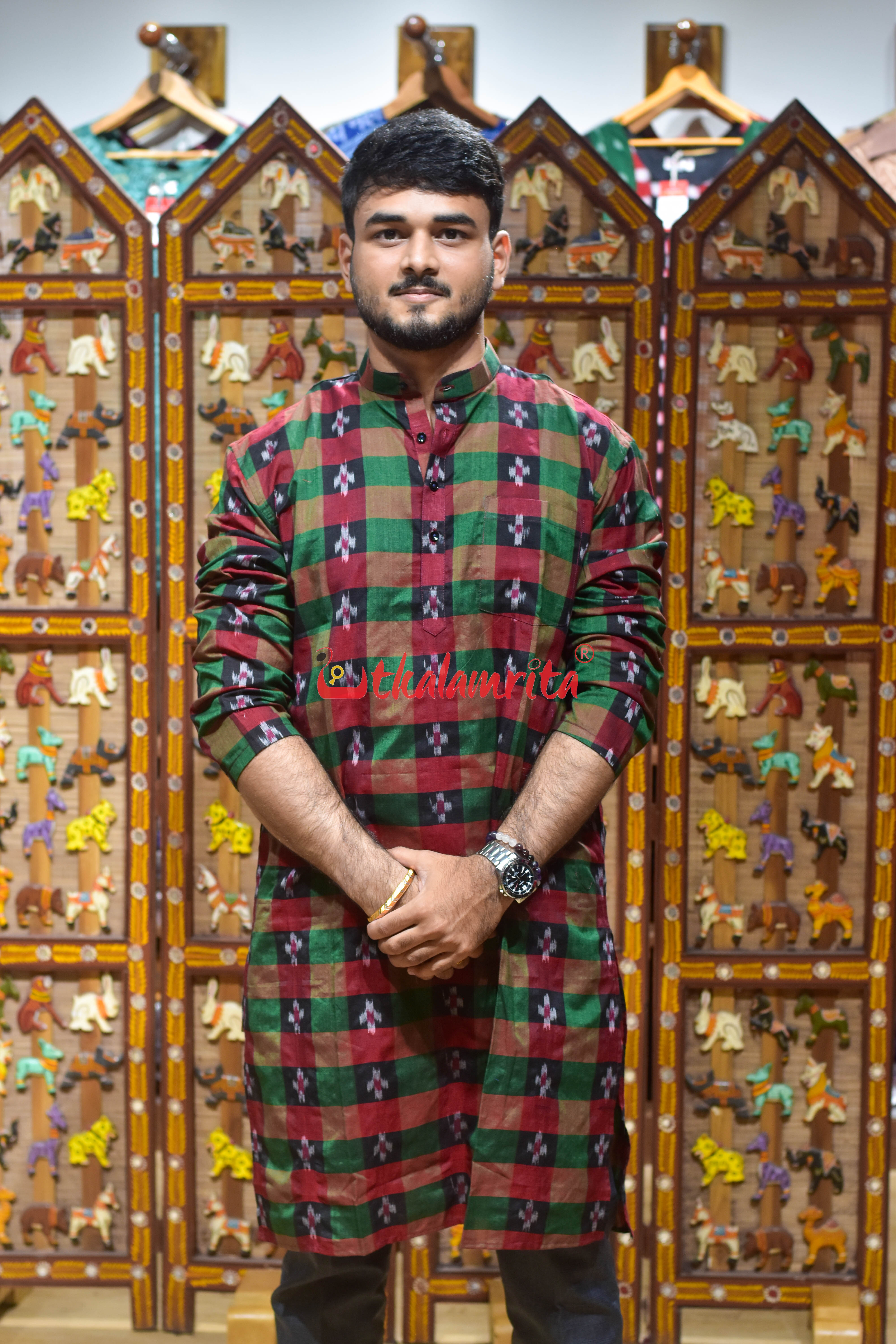Black Green Checks Pasapali (Men's Long Kurta)