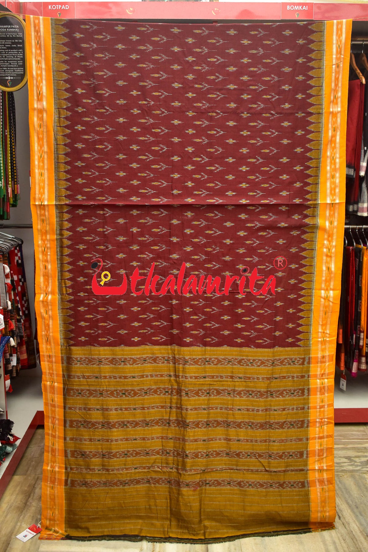 Maroon Turmeric Khandua Cotton Saree