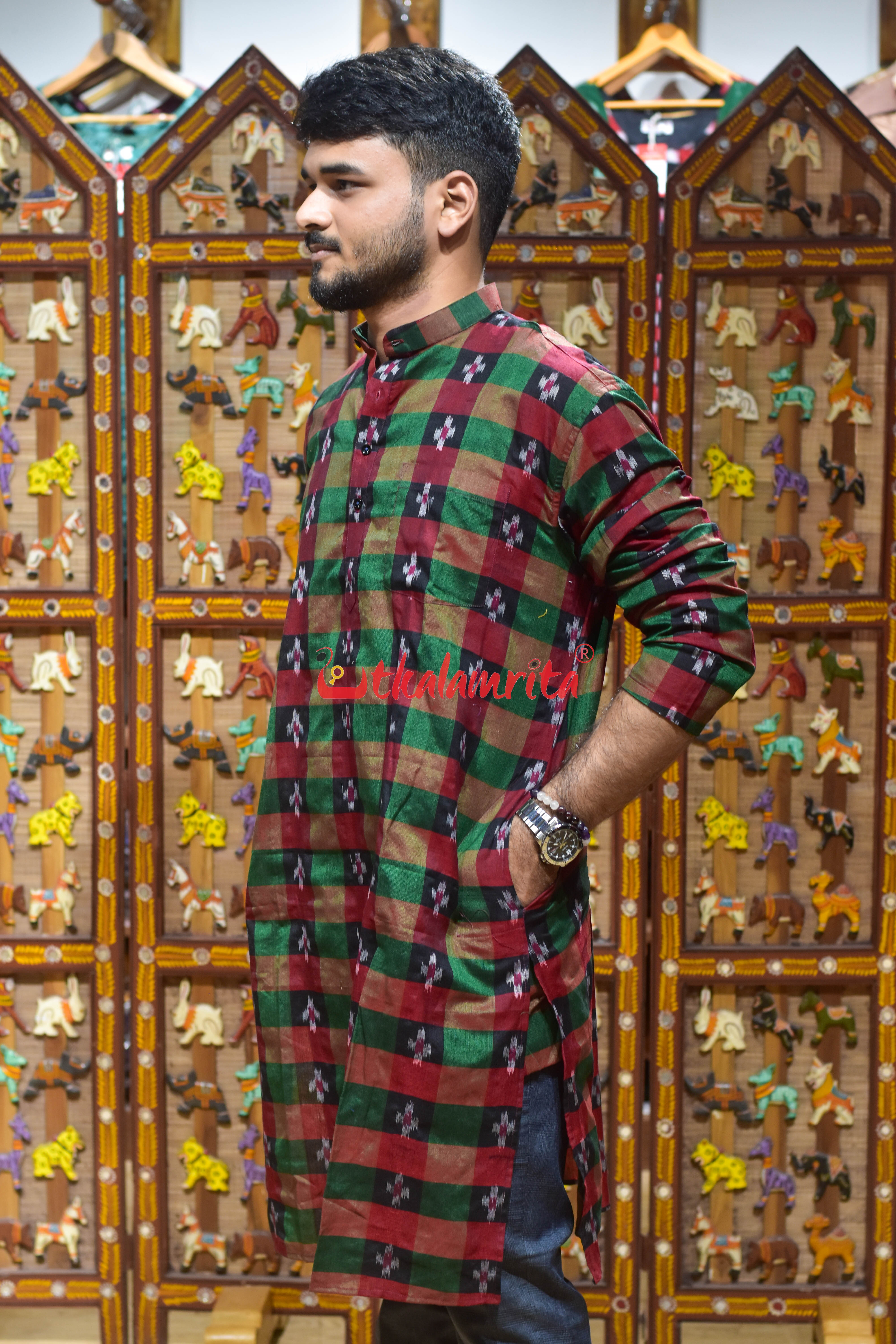 Black Green Checks Pasapali (Men's Long Kurta)