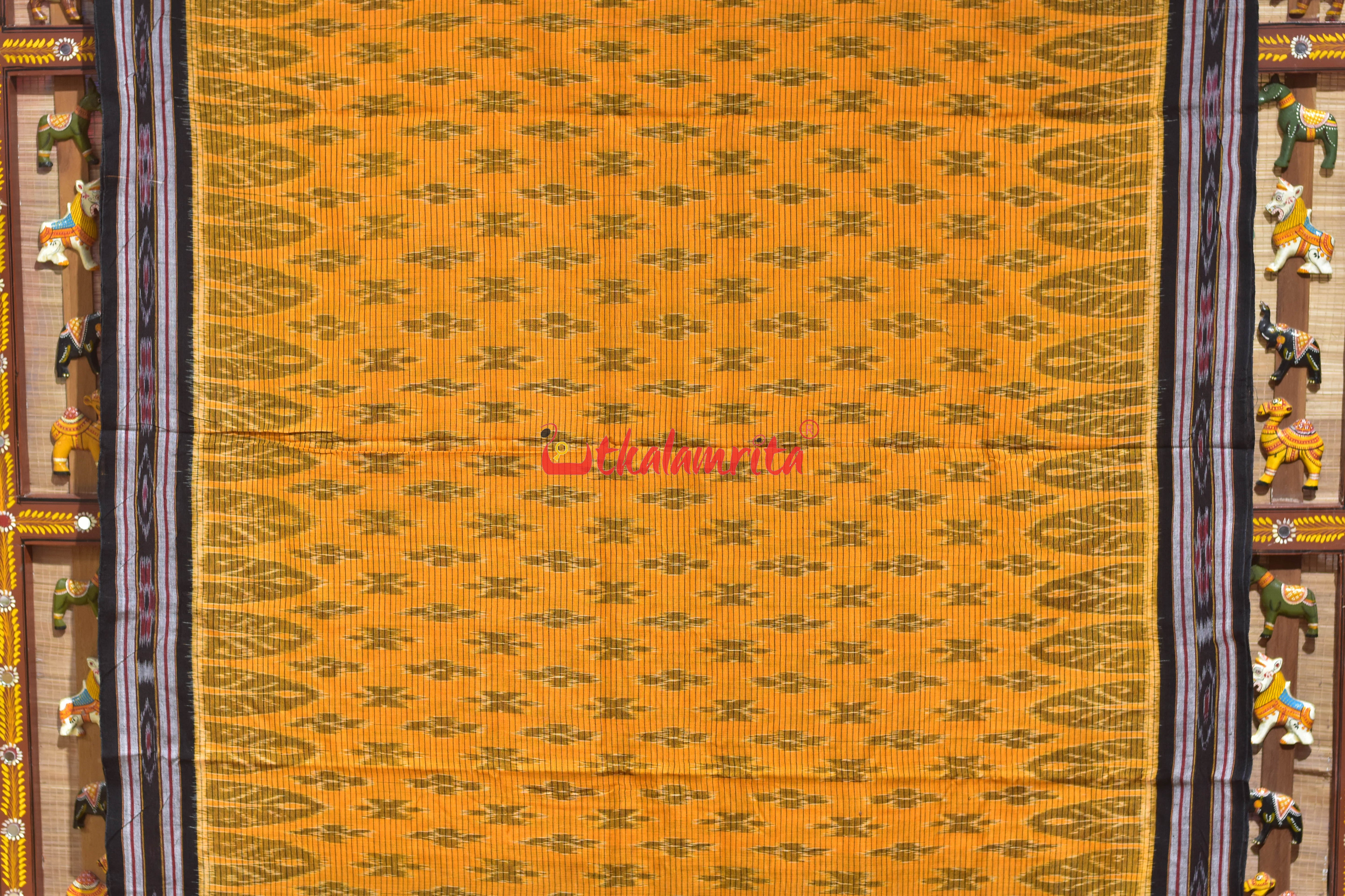 Mustard Black Body Checks Khandua Cotton Saree