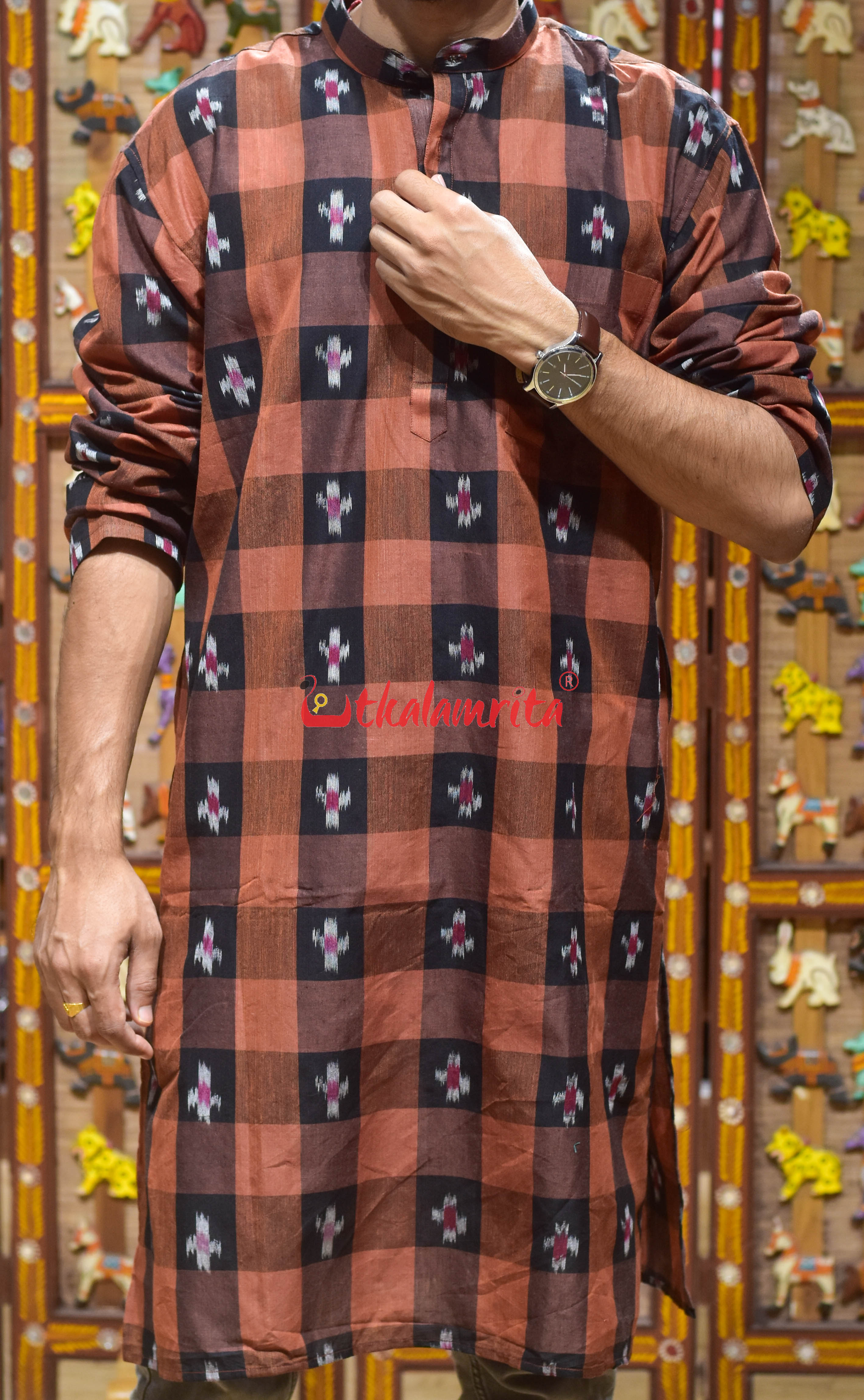 Brown Black Checks Pasapali (Men's Long Kurta)