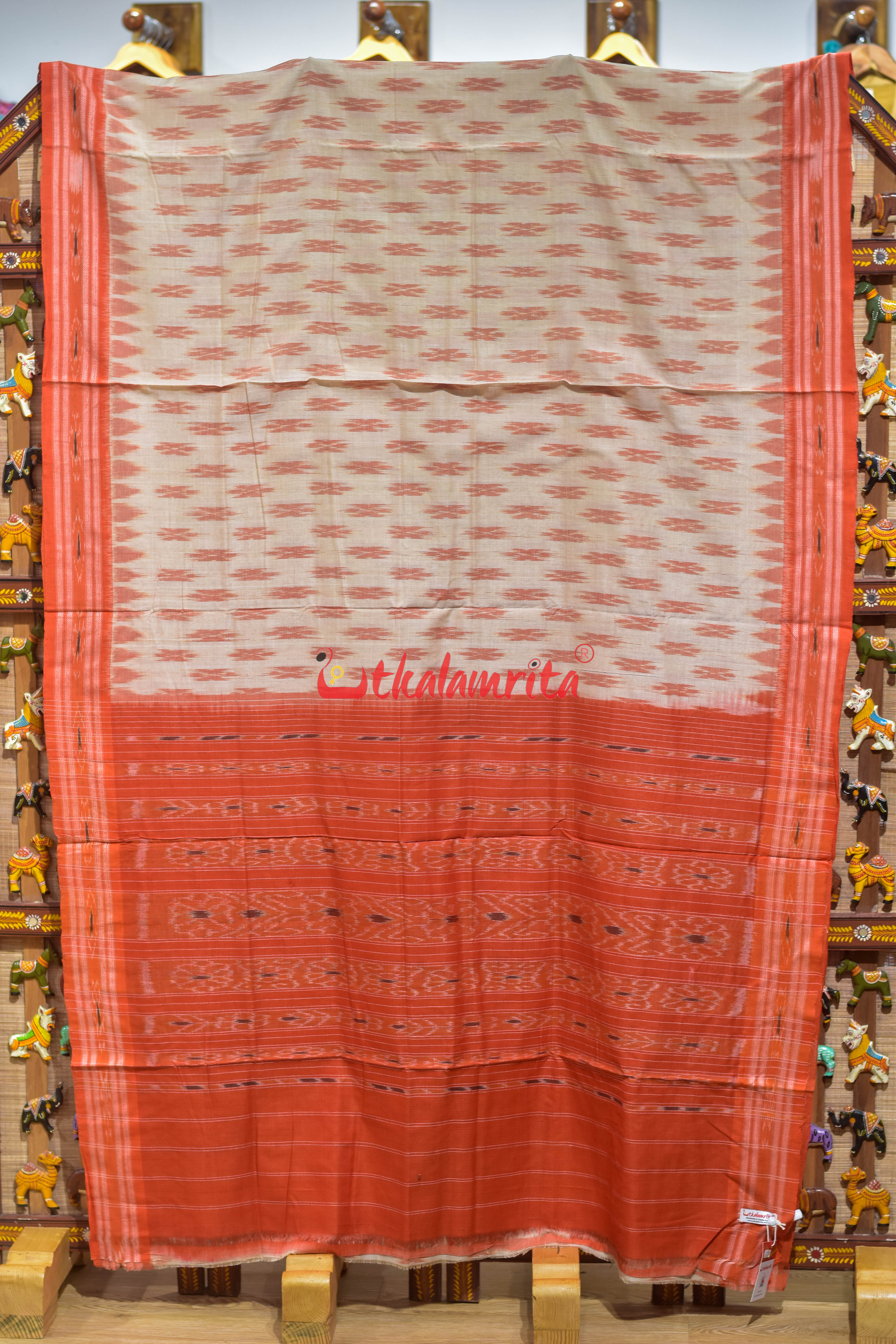 Off White Orange Body Bandha Khandua Cotton Saree